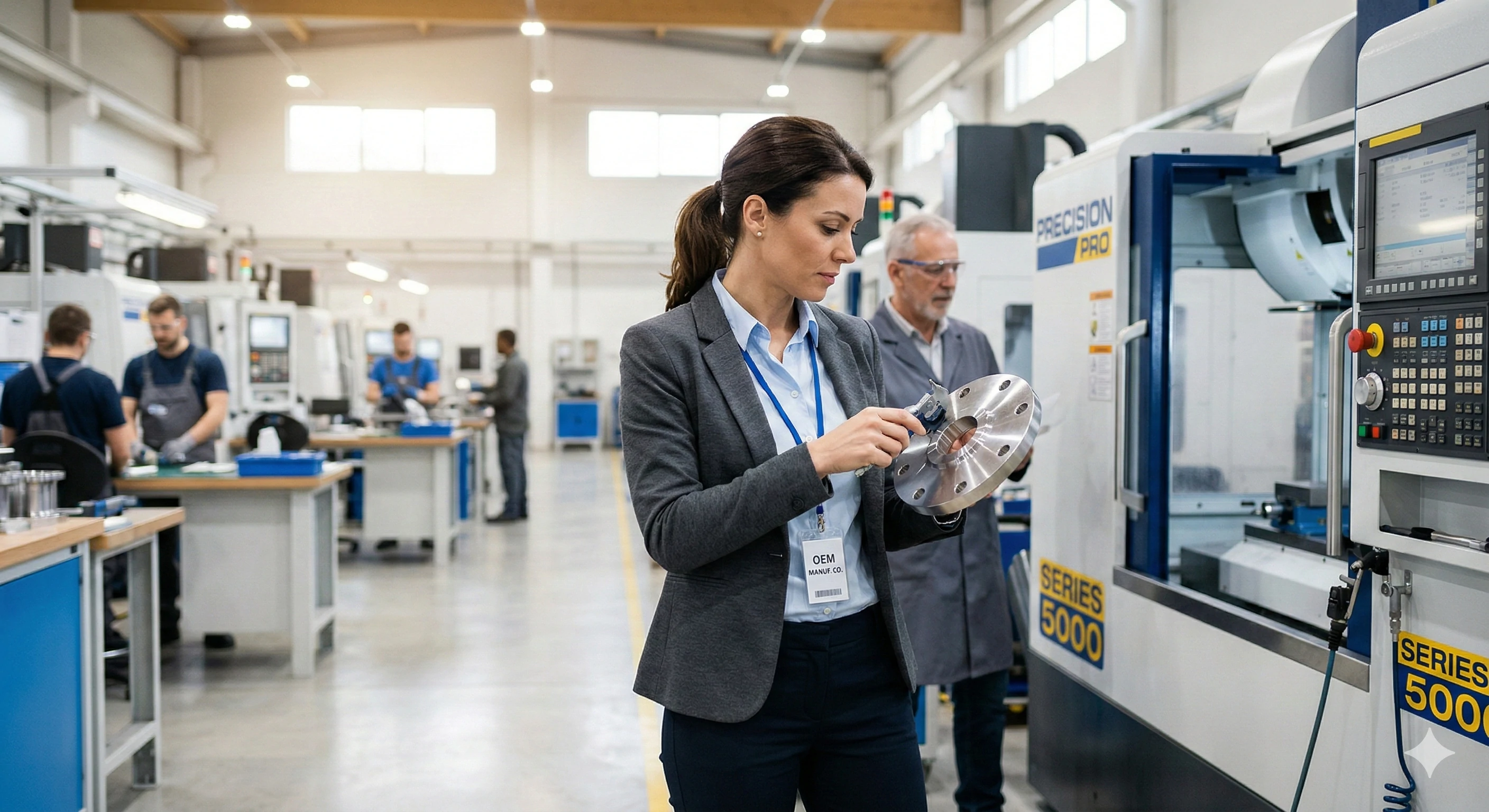 Engineer performing strict quality control inspection on OEM hardware