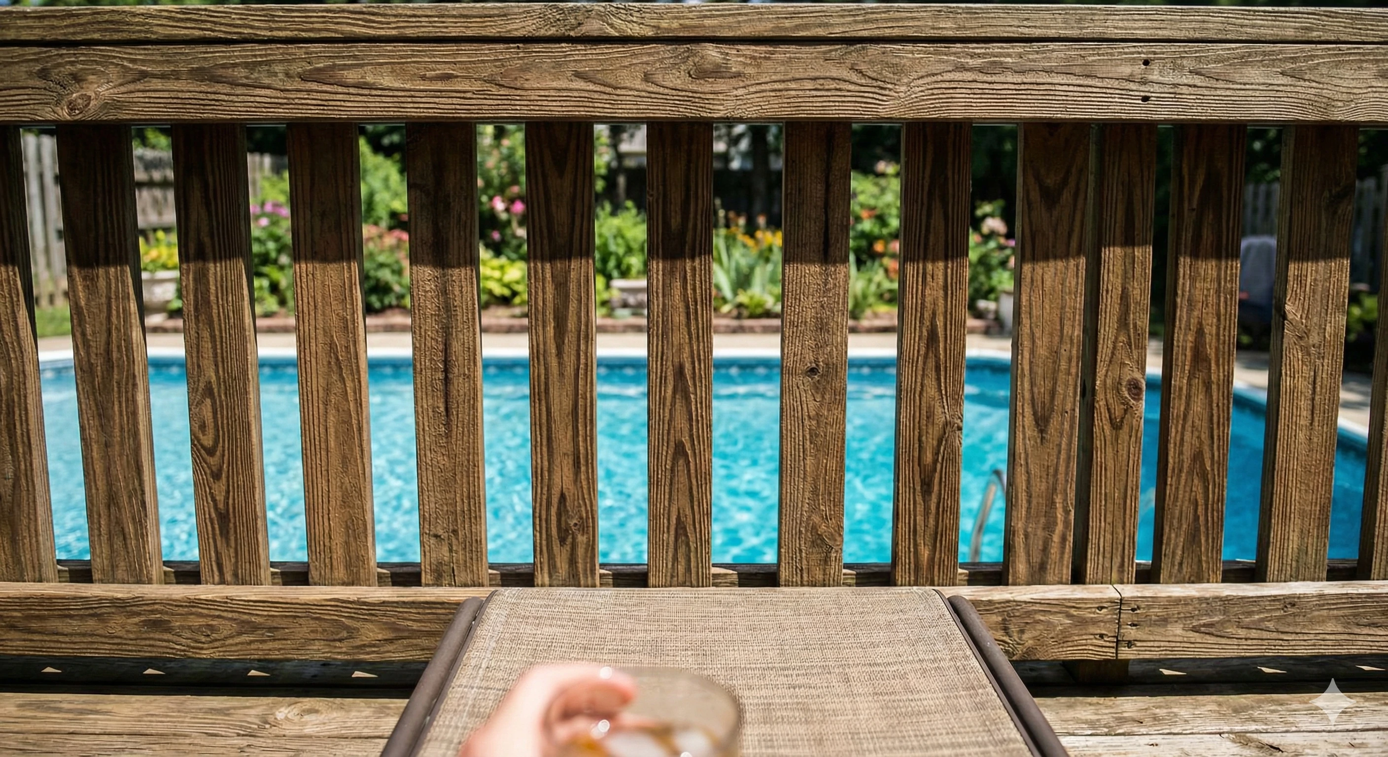 Old wooden fencing obstructing the view of a backyard swimming pool