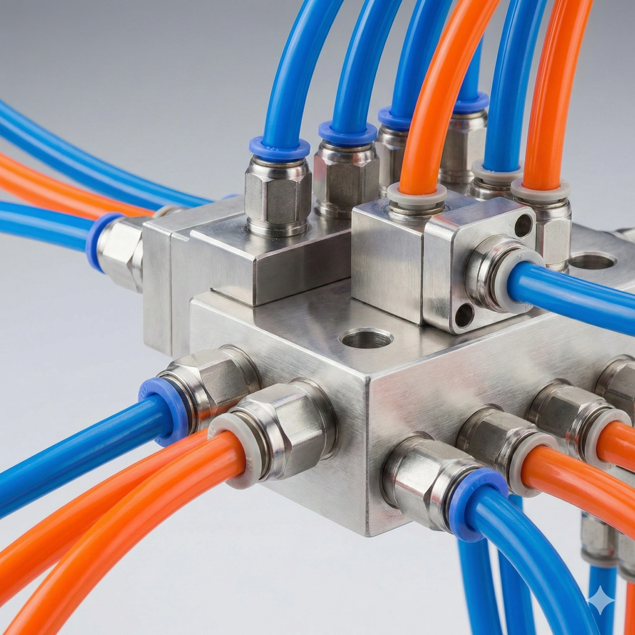 Stainless steel pneumatic manifold block with multiple color-coded air tubing connections.