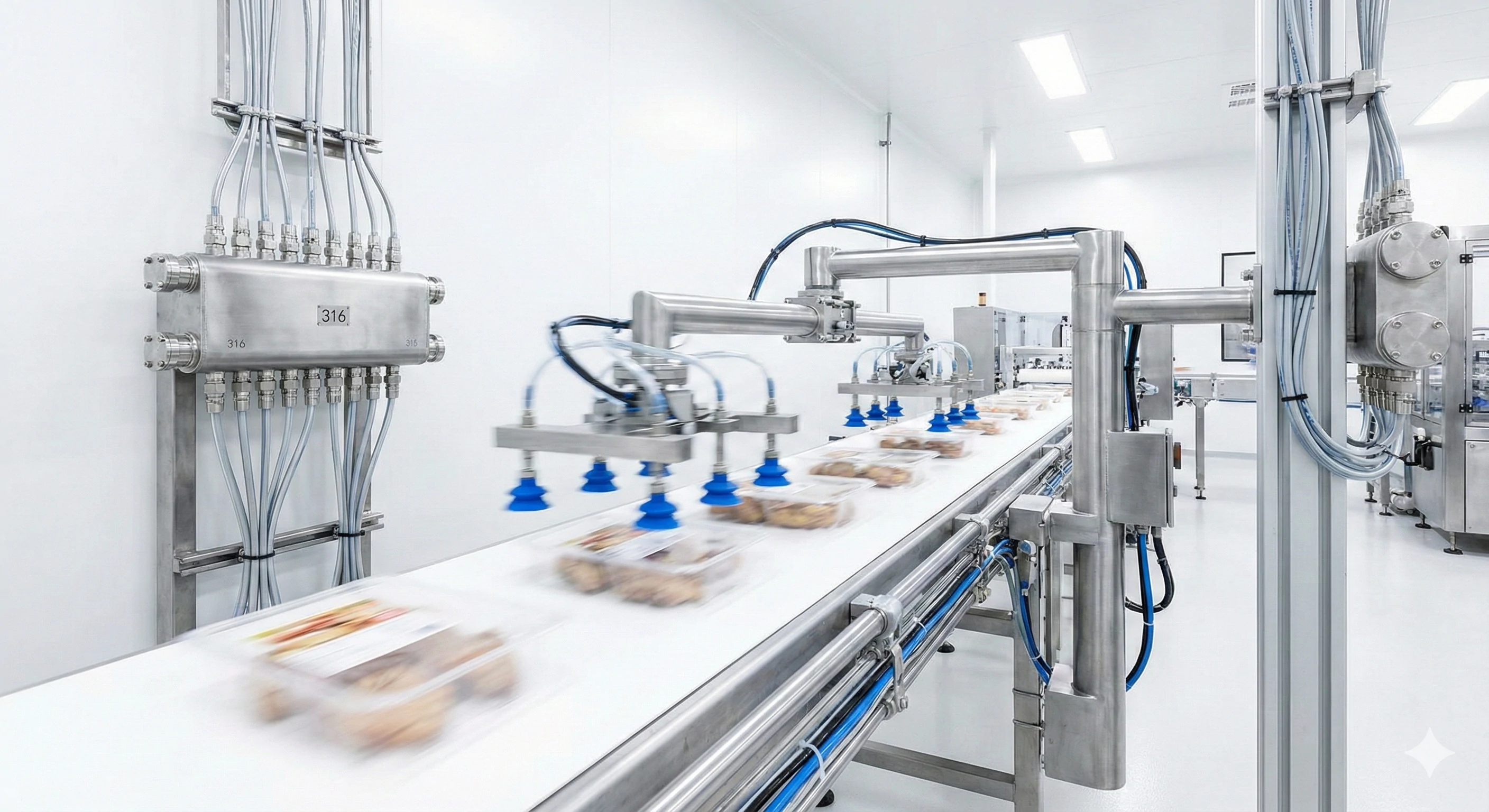 Pneumatic vacuum gripper system performing high-speed pick-and-place packaging operations.