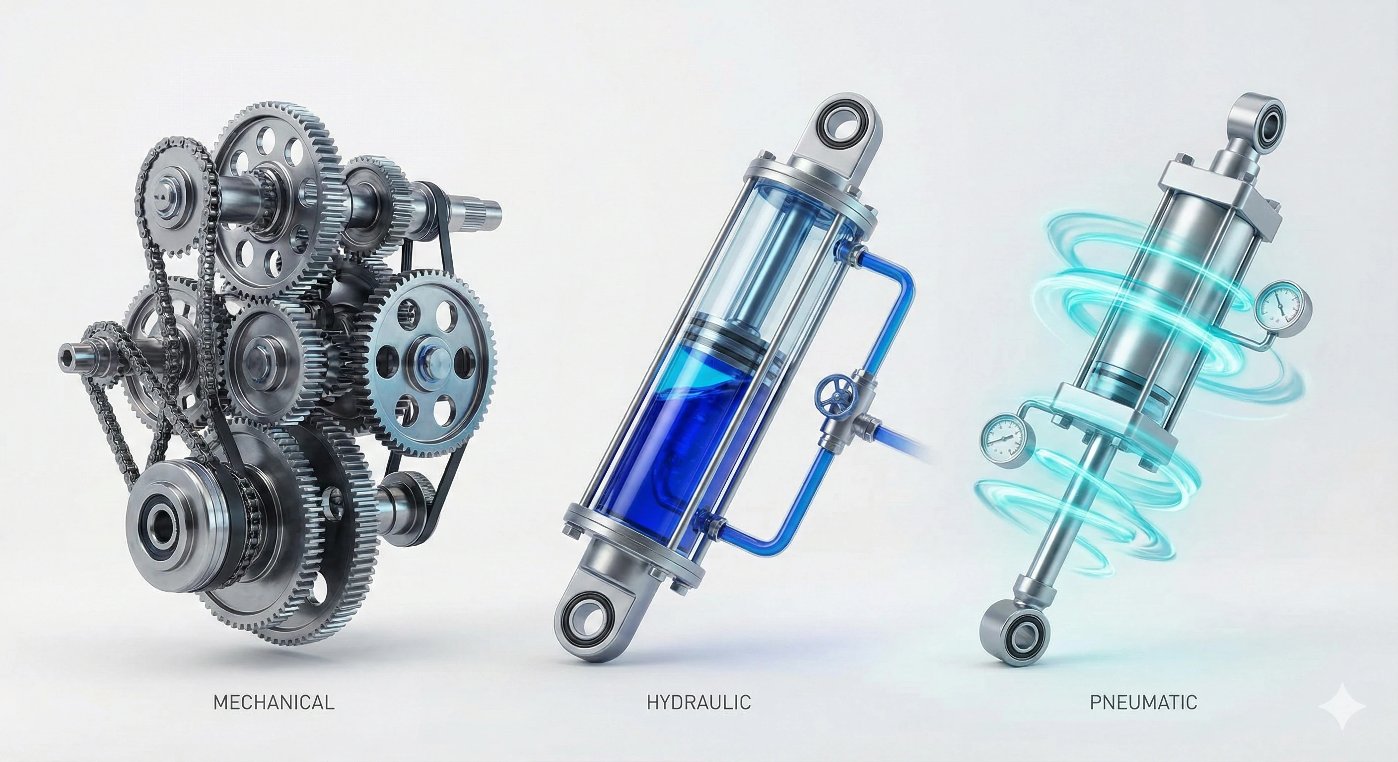 Diagram comparing mechanical, hydraulic, and pneumatic power systems