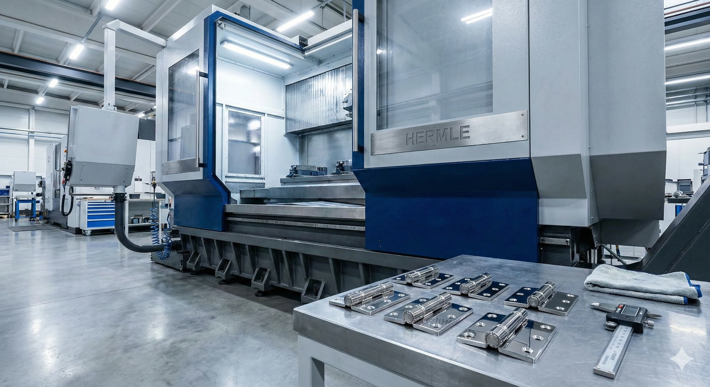 Precision Hermle CNC machine producing durable glass shower hinges on factory floor