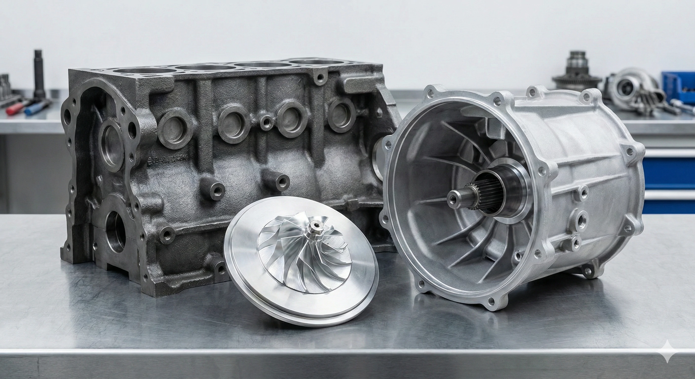 Precision cast metal engine block, impeller, and housing components