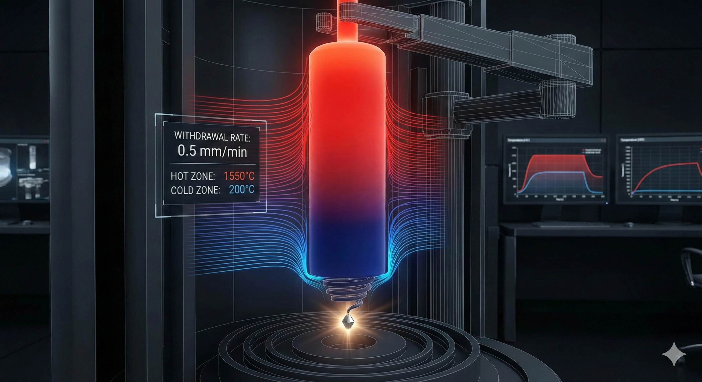Diagram of precision casting furnace showing temperature zones and withdrawal