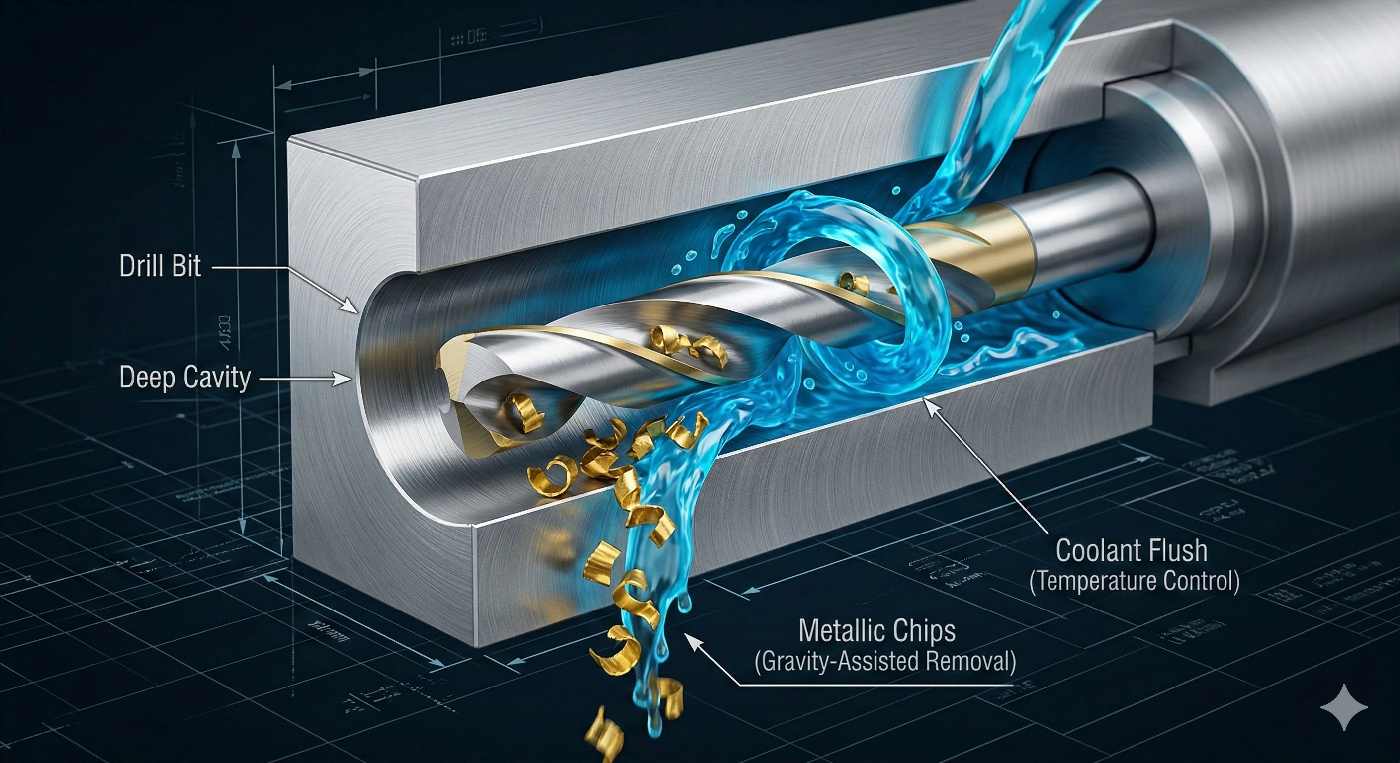 Diagram of deep cavity drill bit with coolant for glass fittings.