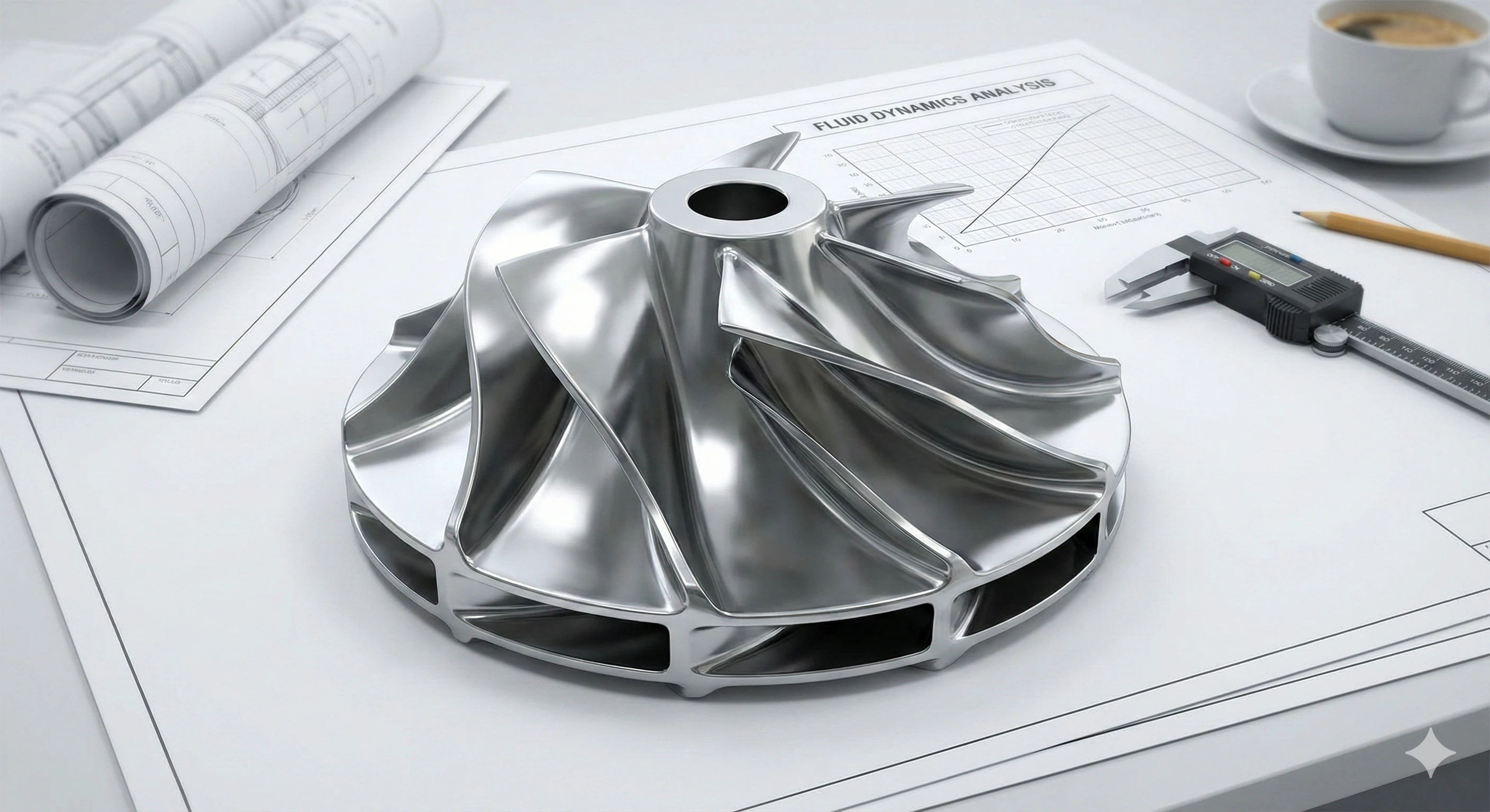 Precision investment cast metallic impeller on engineering blueprints