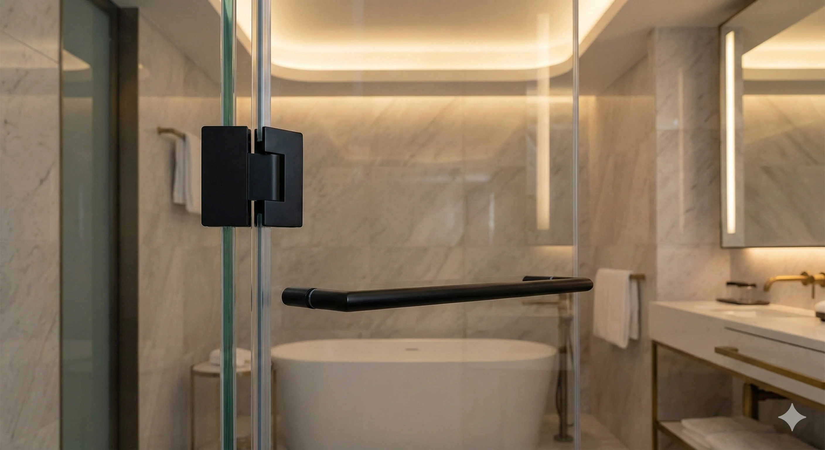 Matte black glass shower hinges and pull handle in modern bathroom