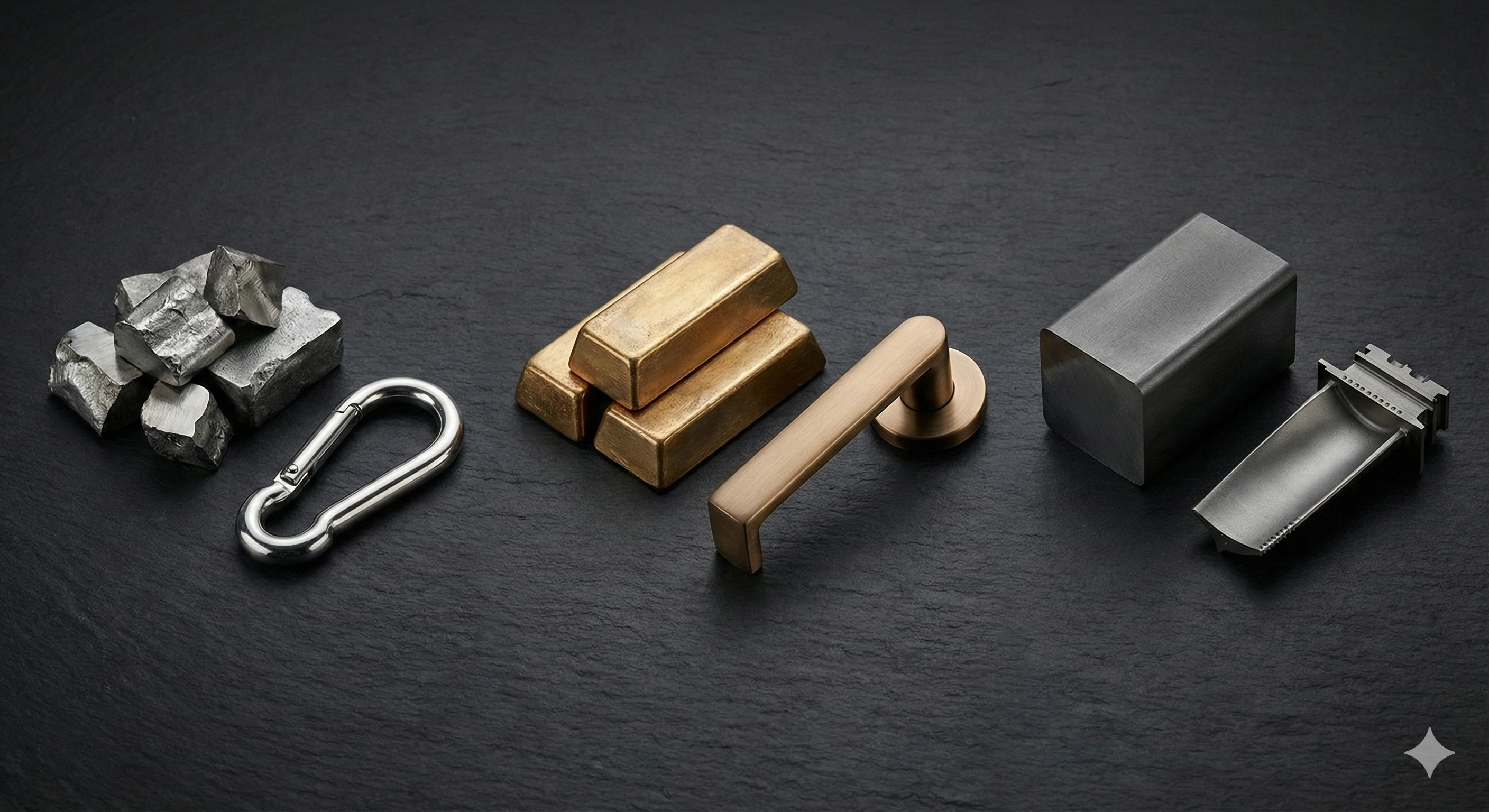 Raw materials and finished stainless steel casting products display