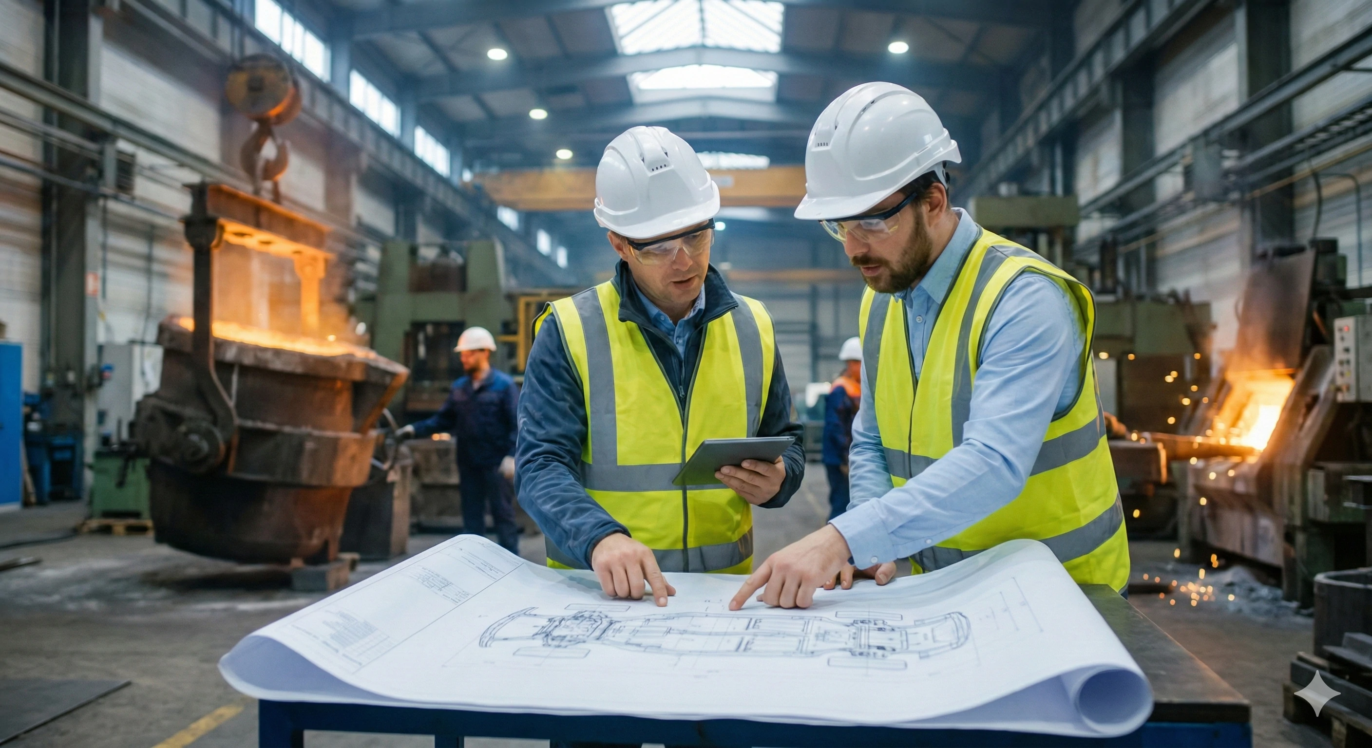 Ingénieurs de fonderie examinant les plans techniques pour la production de pièces moulées
