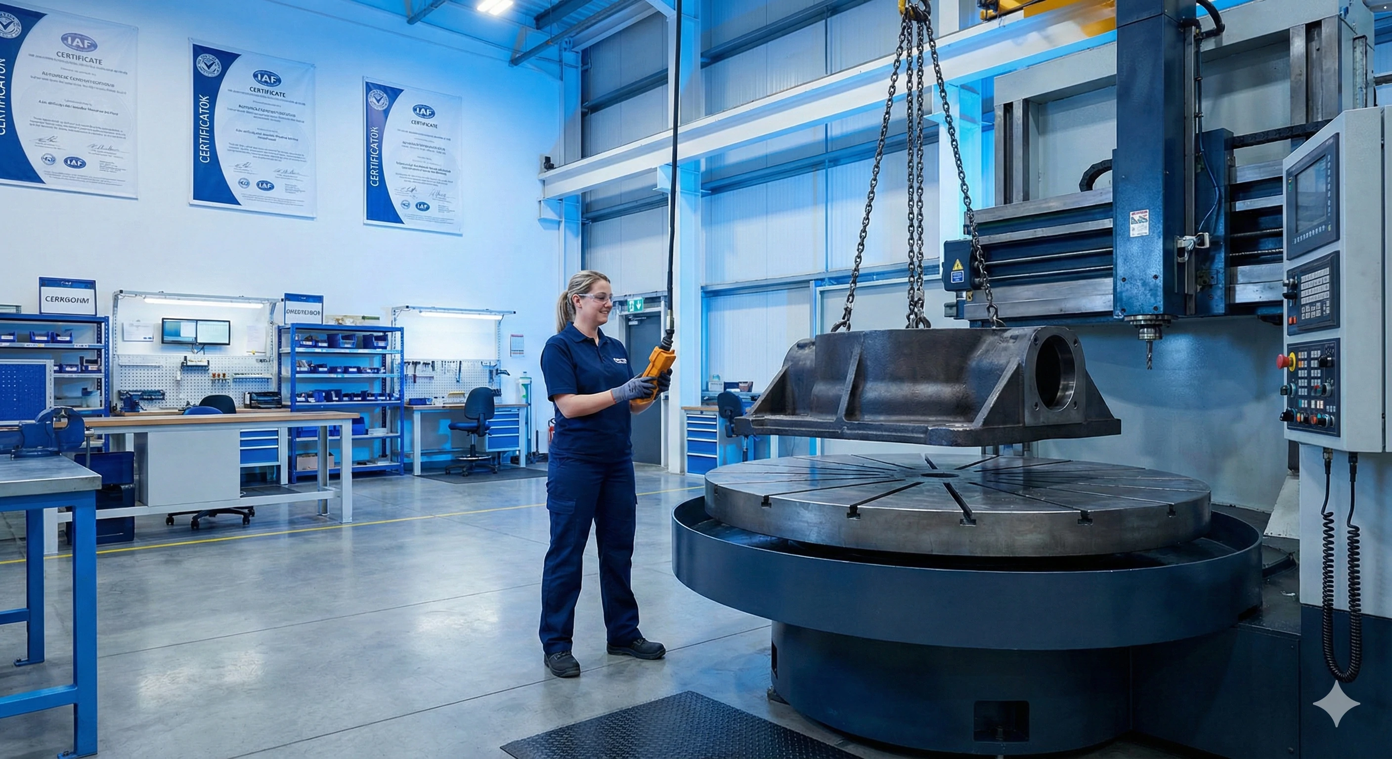 Engineer loading heavy casting for precision glass hardware CNC machining.