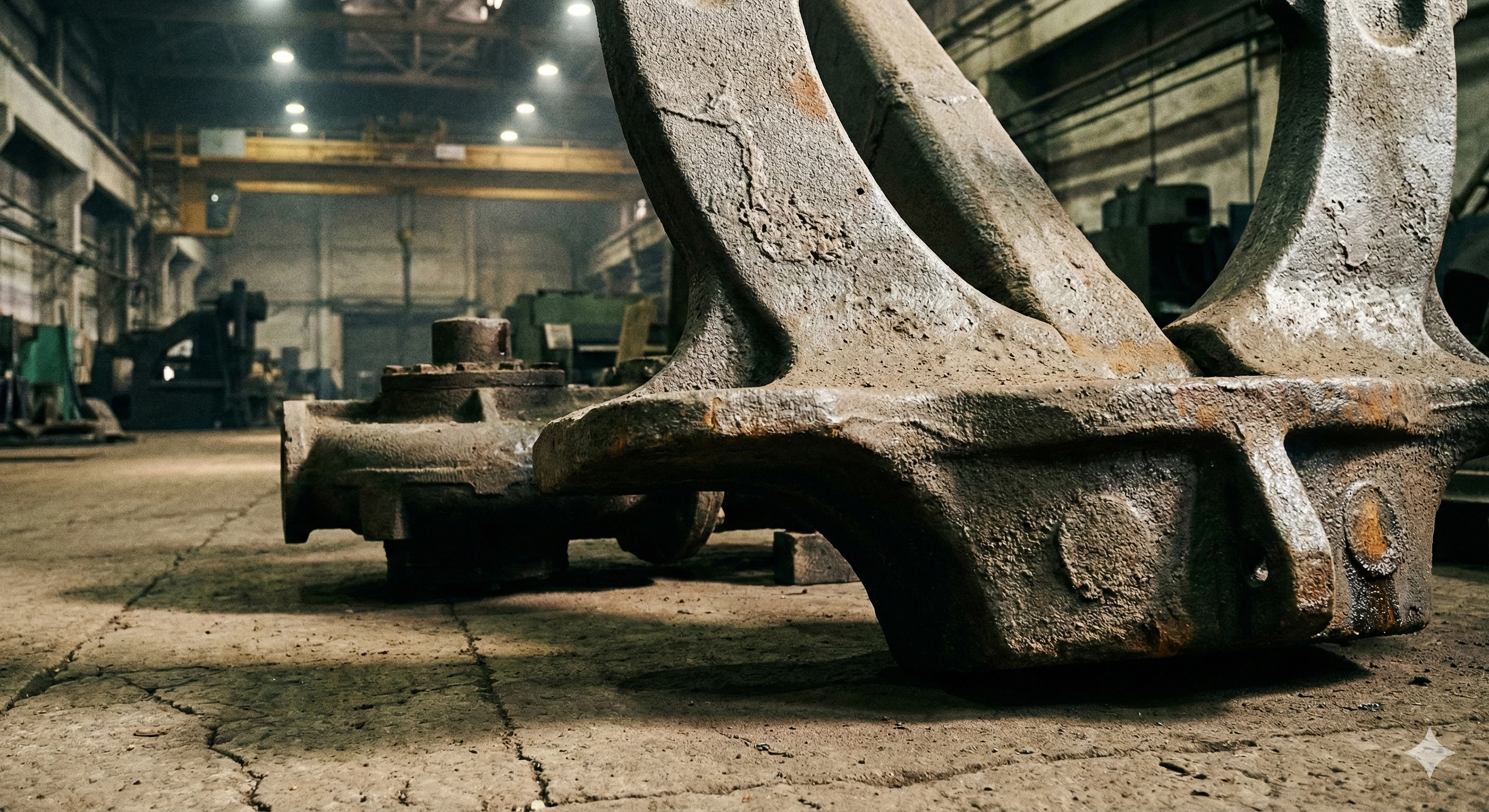 Large rough metal castings sitting on a factory floor awaiting finishing