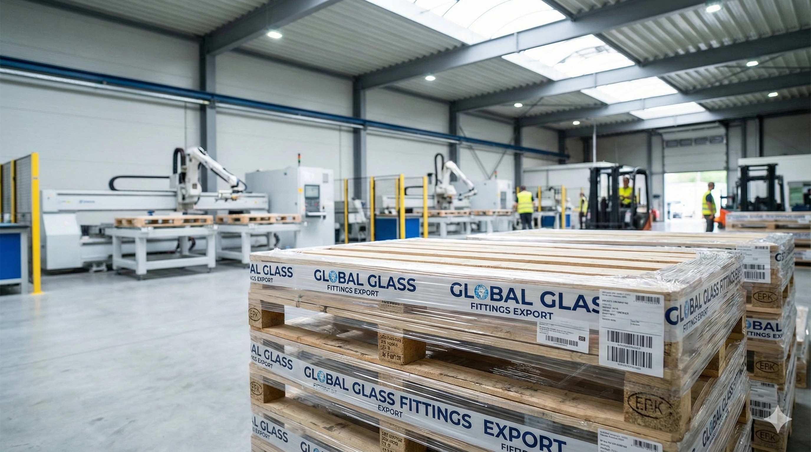 Pallets of durable glass hardware packed for reliable global export.