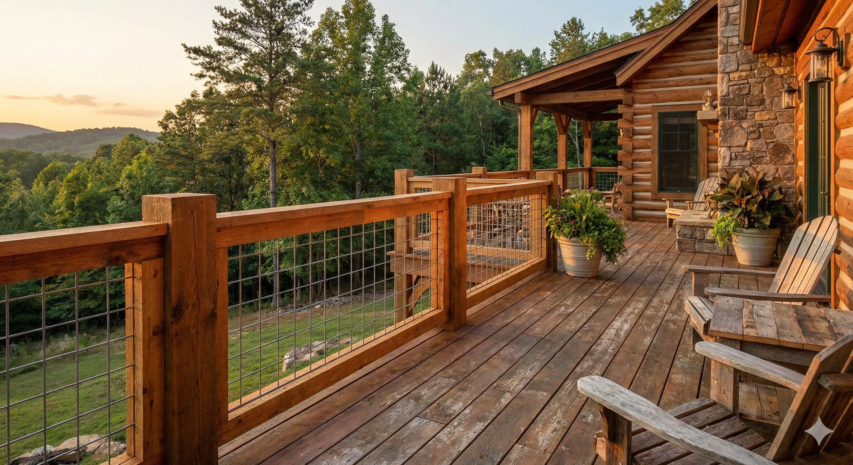 Rustic log cabin deck featuring wooden posts with wire mesh infill