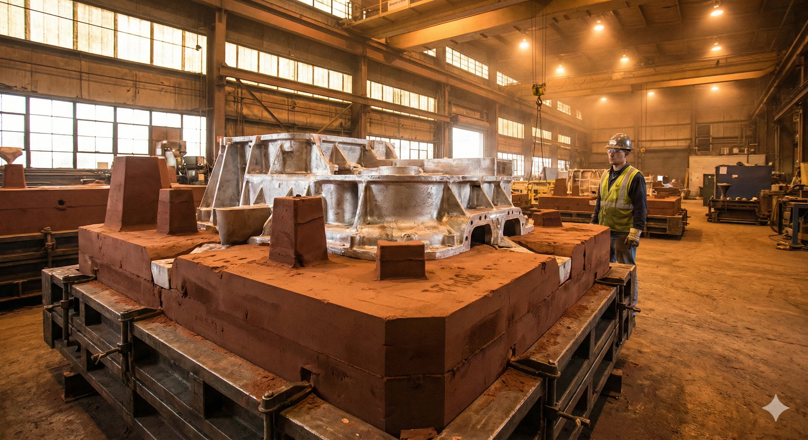 Large industrial sand casting mold assembly in manufacturing factory