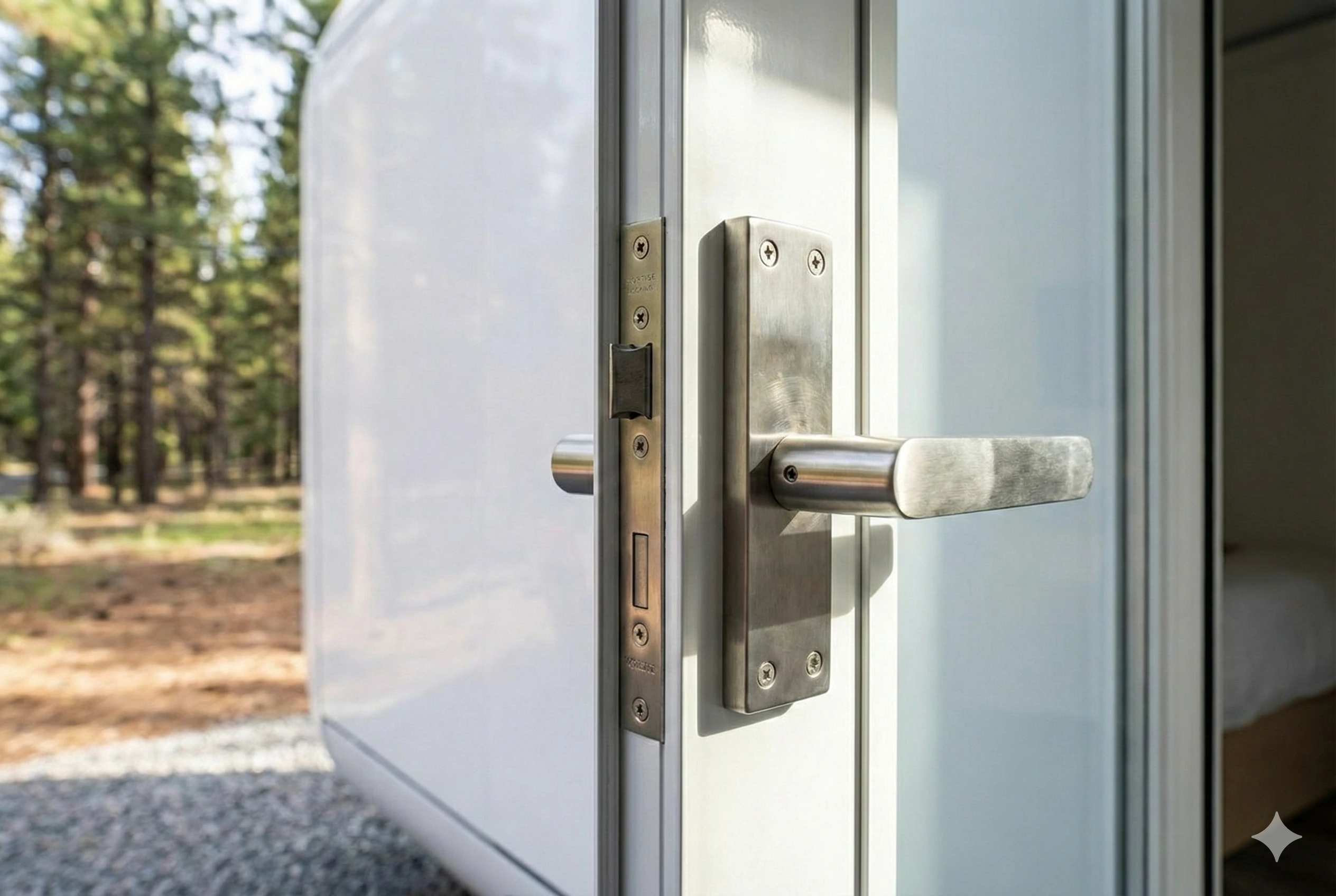 Stainless steel lever handle and mortise lock detail
