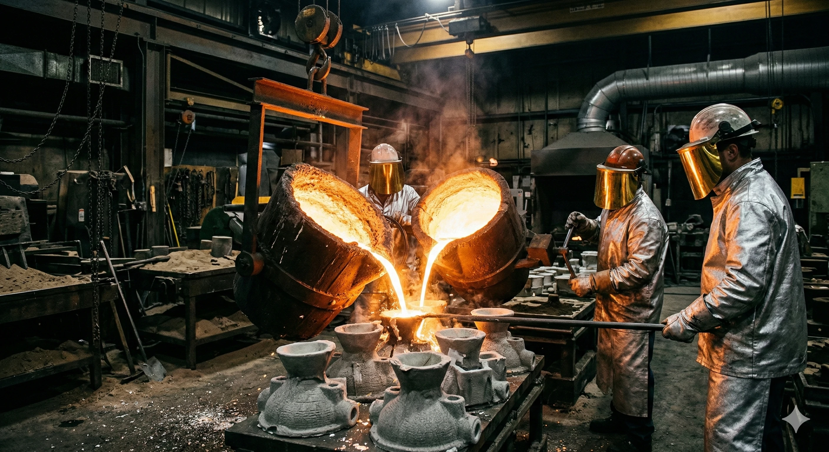 Foundry workers pouring molten stainless steel for glass railing fittings