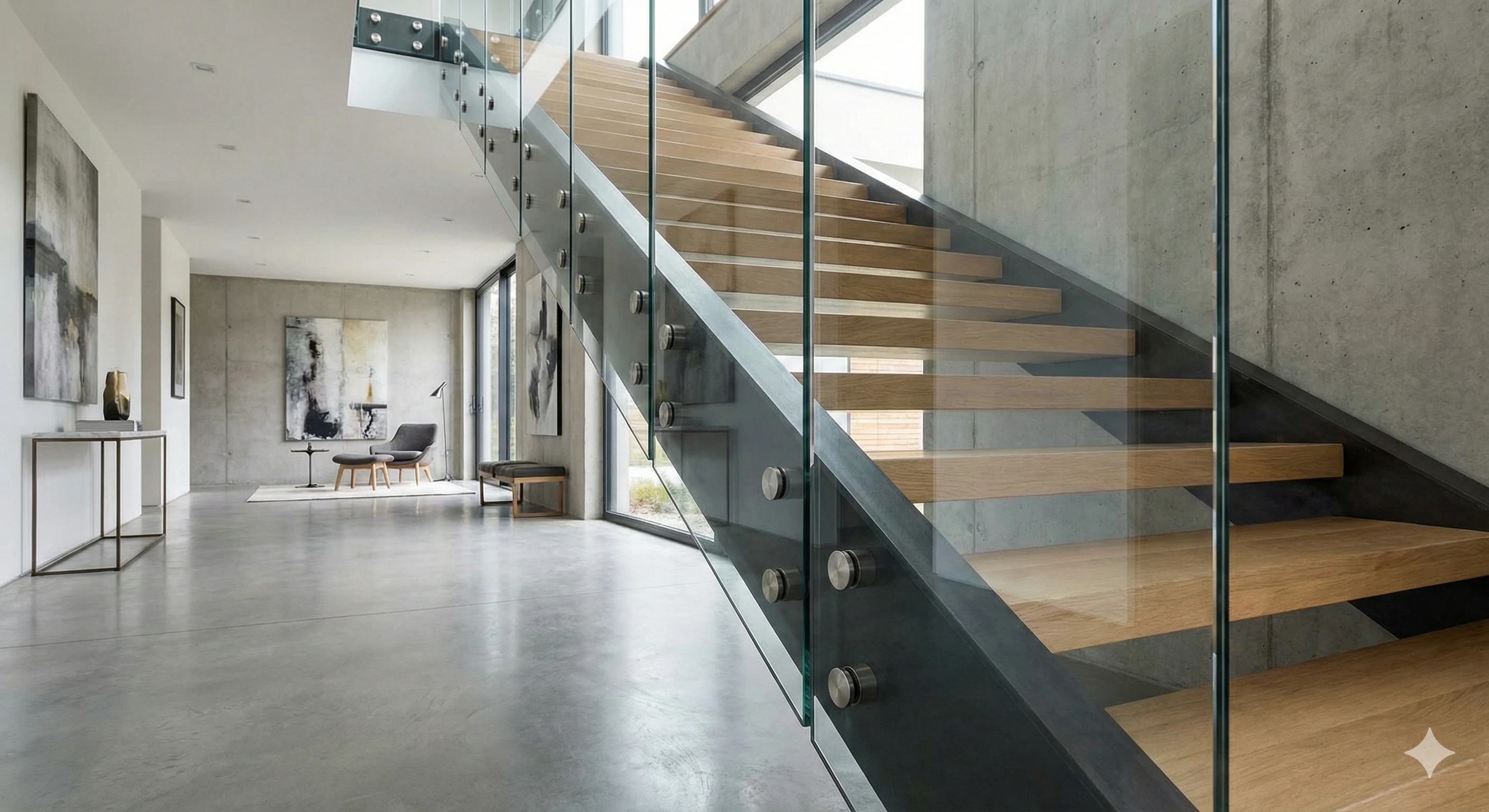 Side-mounted glass railing system with stainless steel standoff fixtures