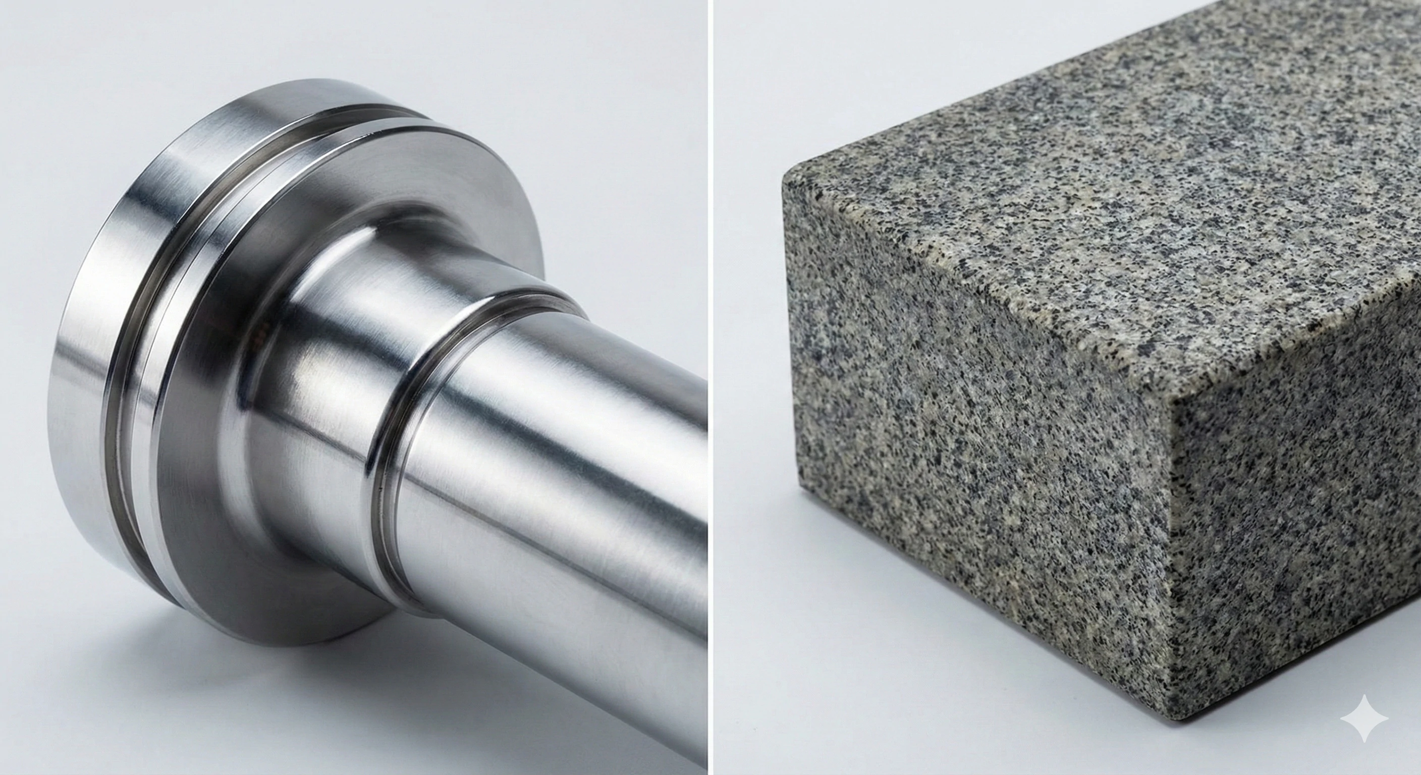 Precision stainless steel component contrasted with mineral casting material block