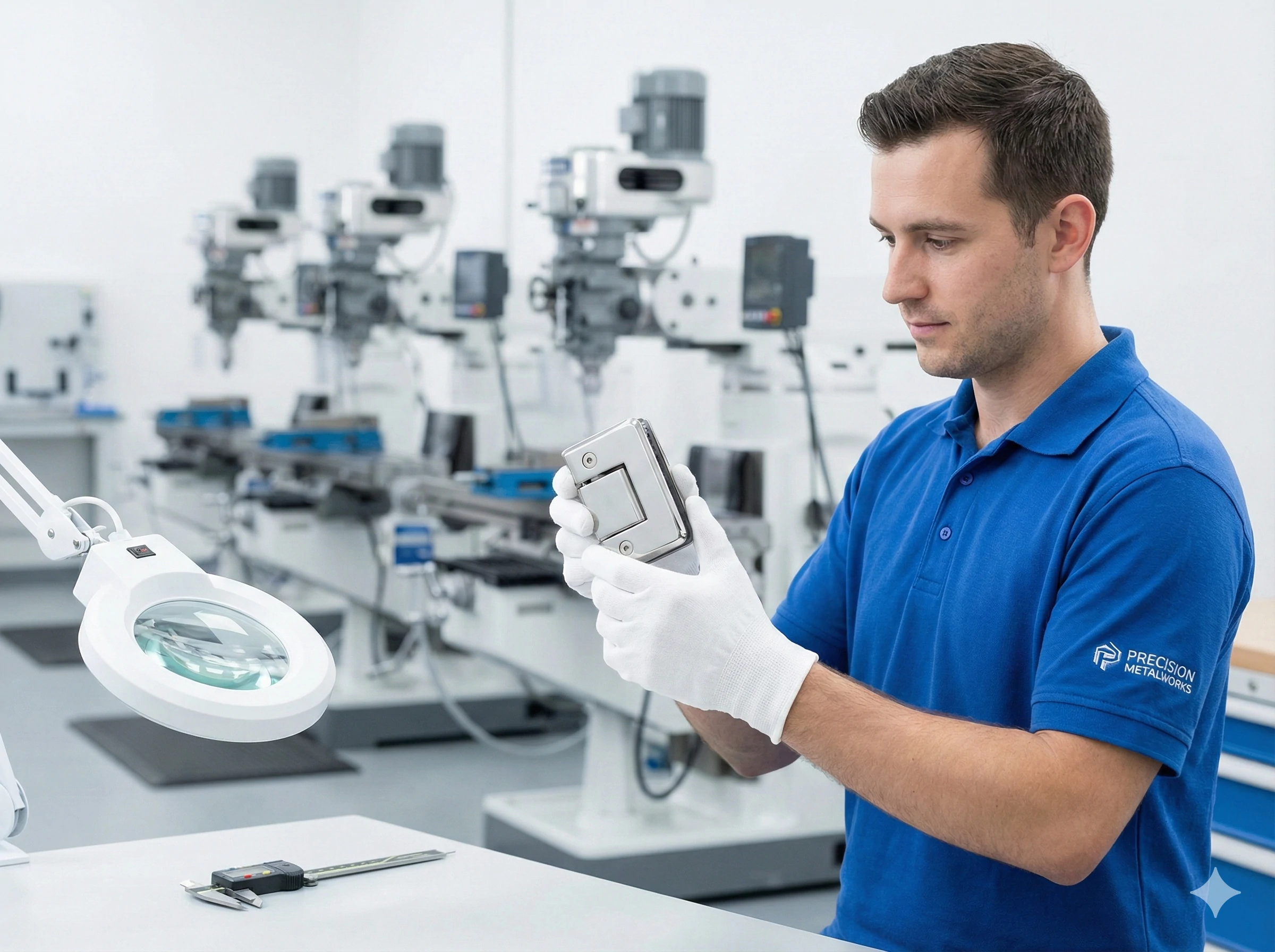 Quality control technician carefully inspecting a durable stainless steel glass hardware clamp