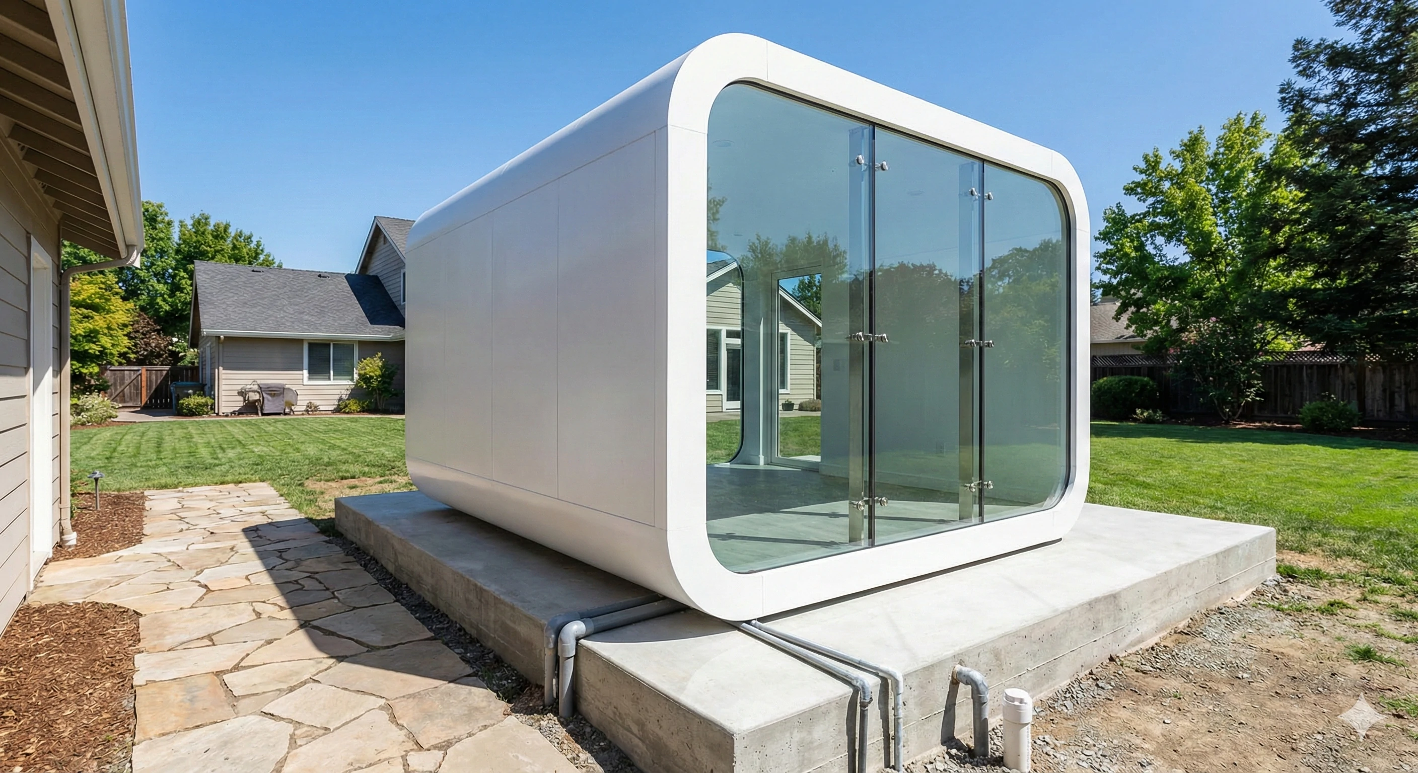 White garden pod featuring structural glass entry system