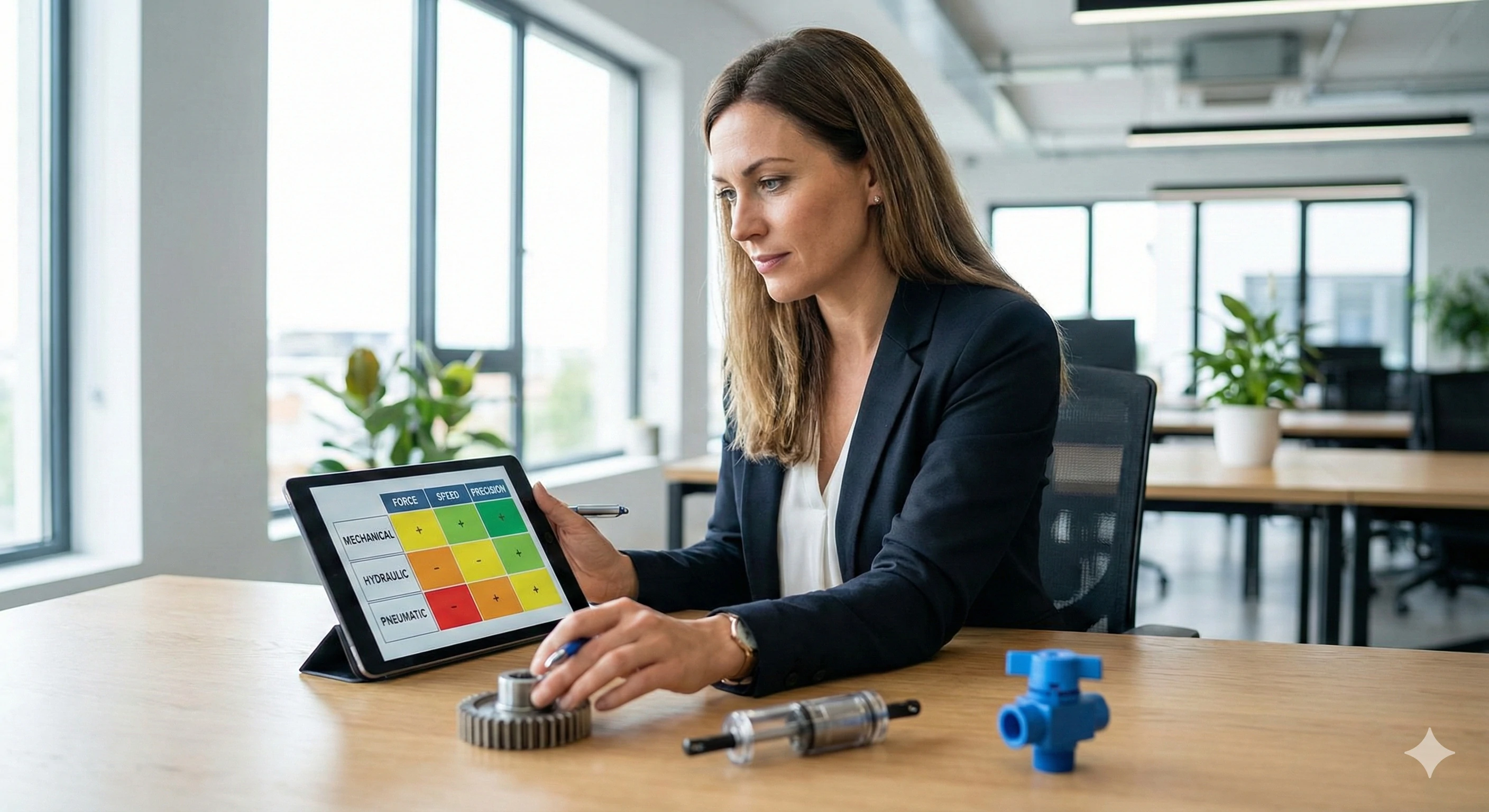 Engineer consulting a comparative chart of mechanical, hydraulic, and pneumatic systems.