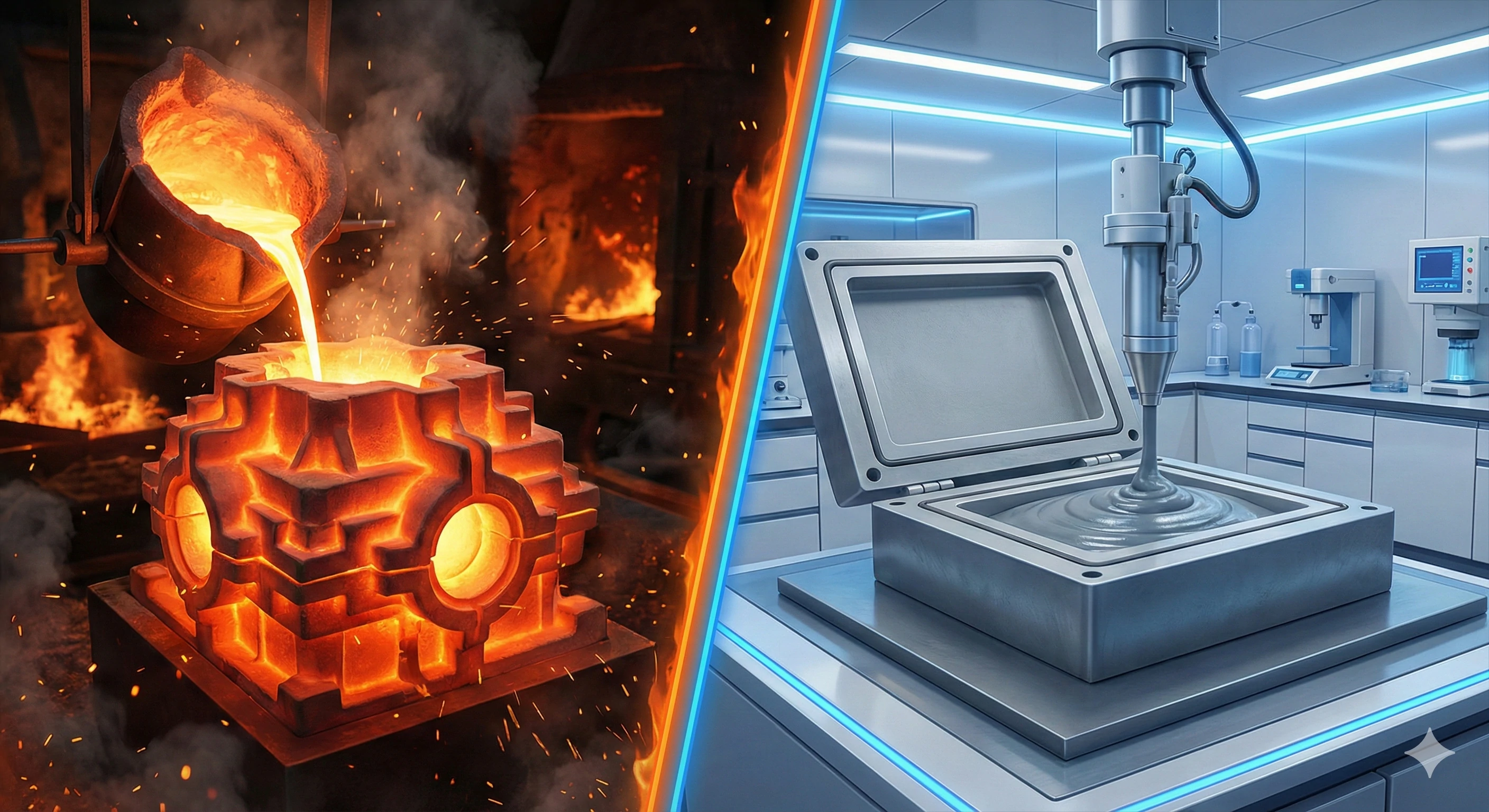 Contrast between traditional molten metal pouring and modern injection molding processes