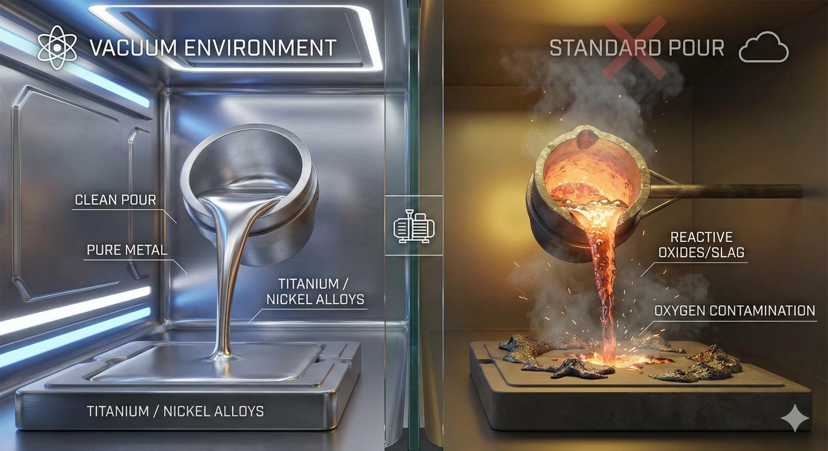 Vacuum casting comparison showing pure metal versus standard pour contamination