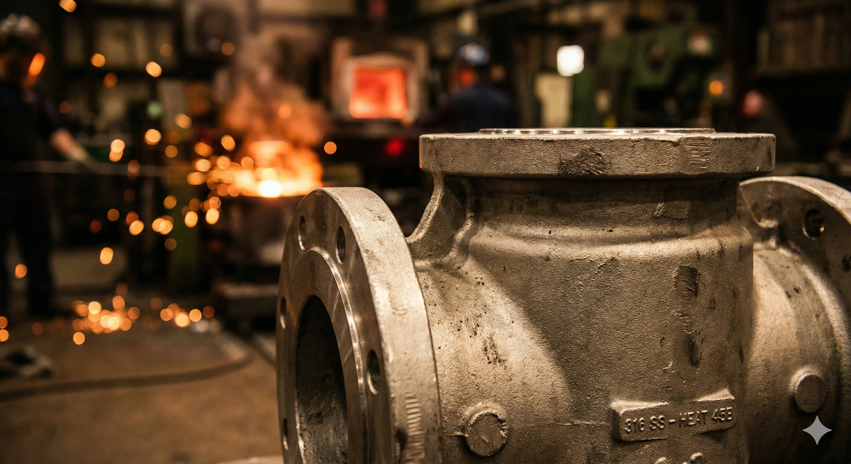 Raw stainless steel valve body casting in industrial foundry