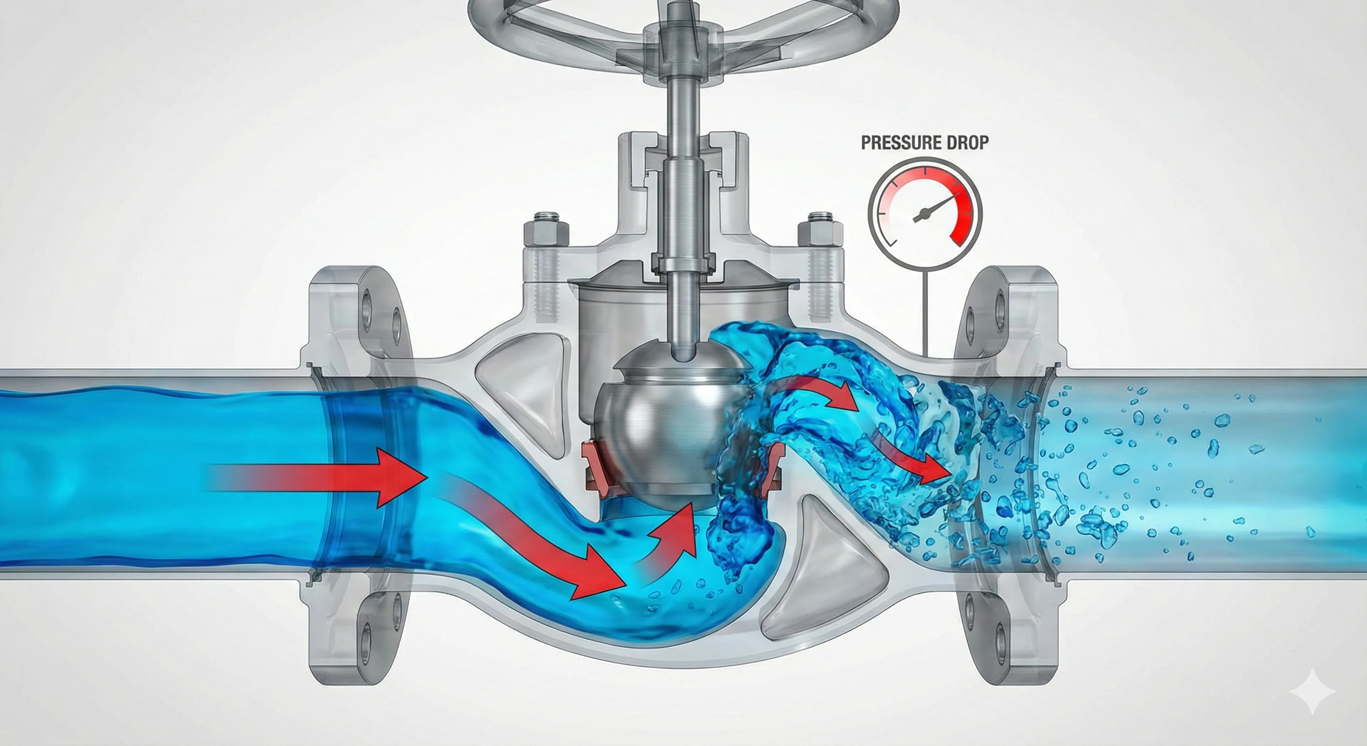 Globe valve cross-section illustrating fluid flow pressure drop