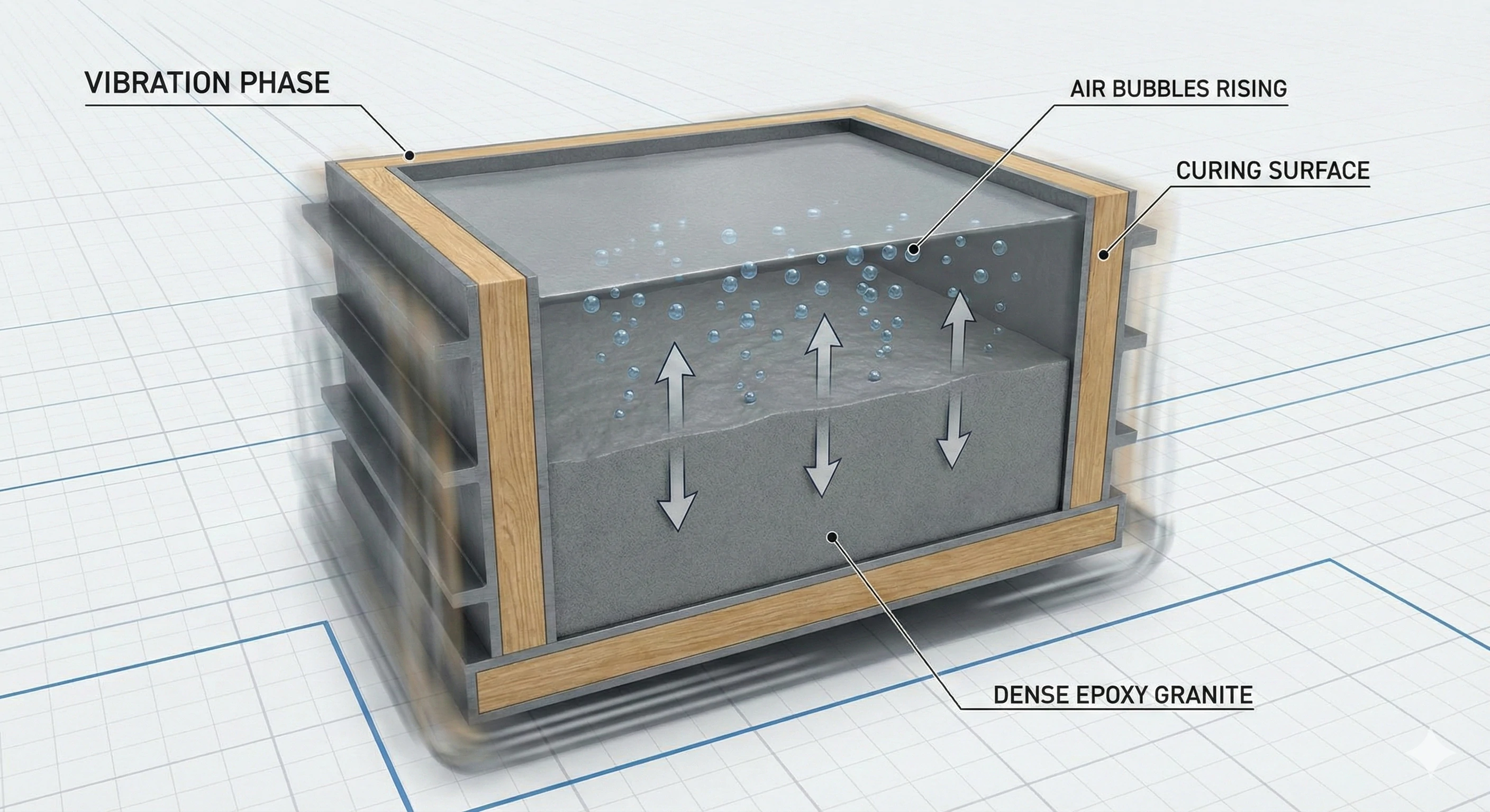 Diagram showing vibration removing bubbles from epoxy granite