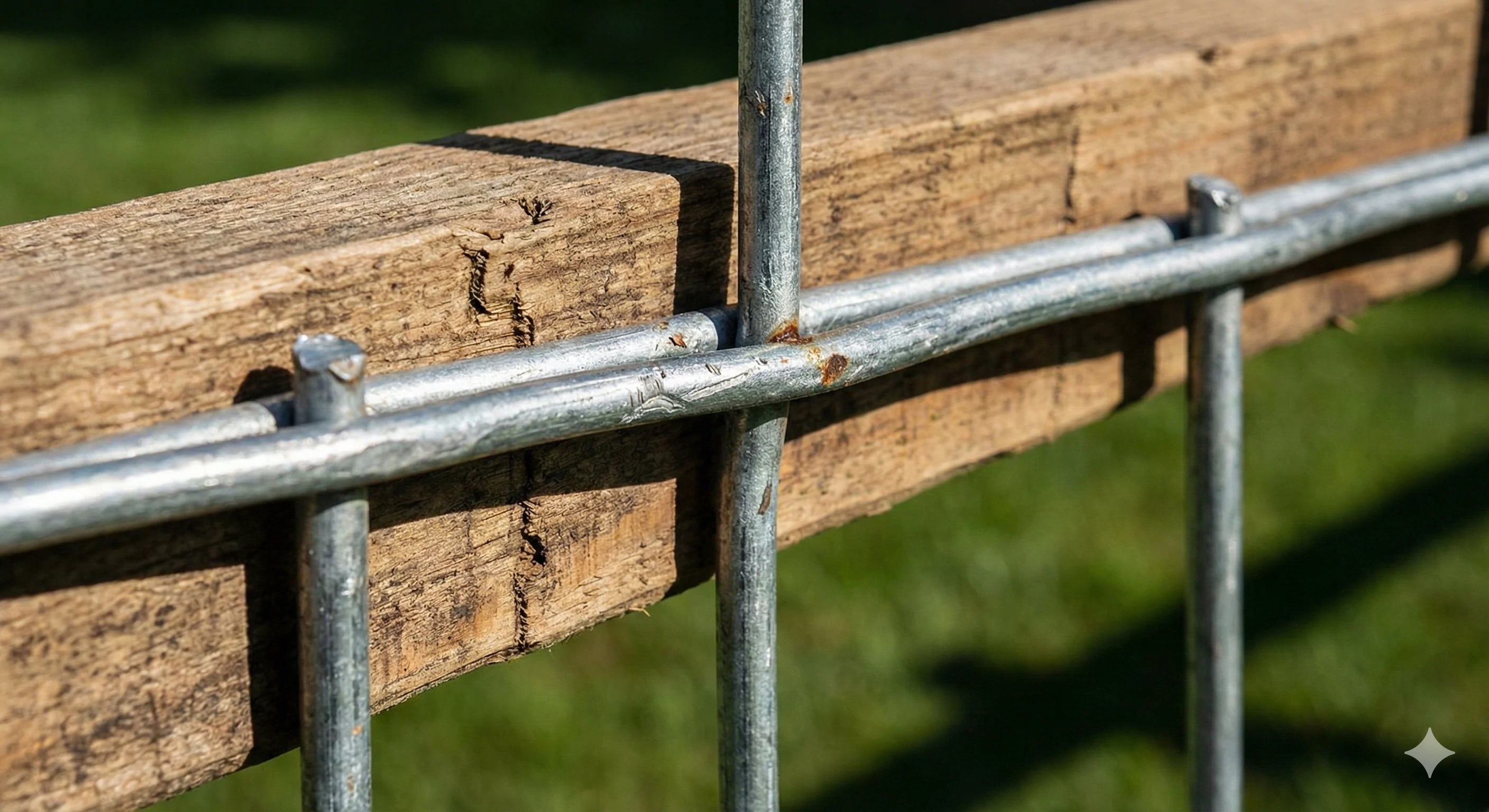 Galvanized welded wire mesh fencing installed on rustic wooden posts