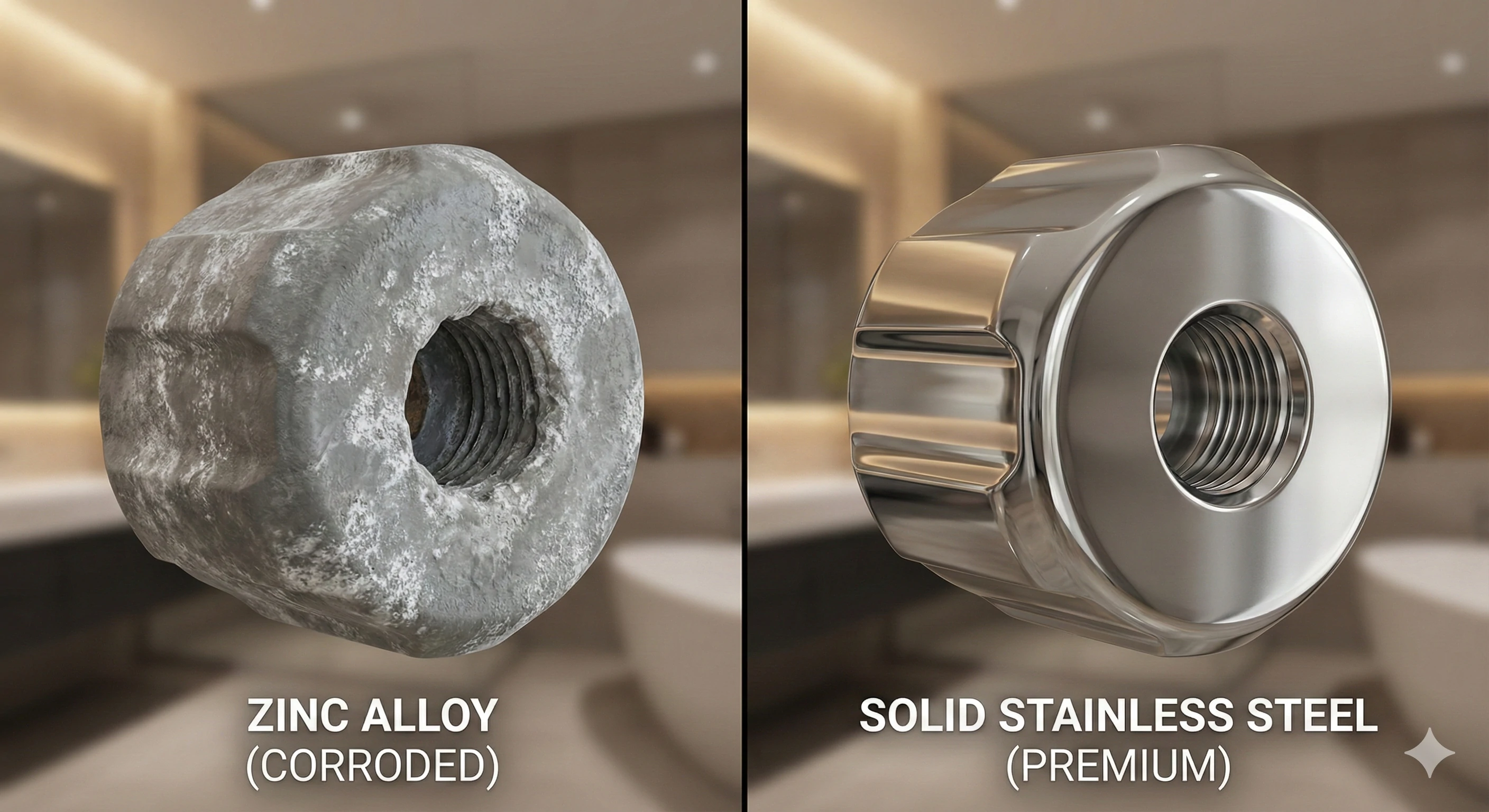 Corroded zinc alloy compared to durable solid stainless steel