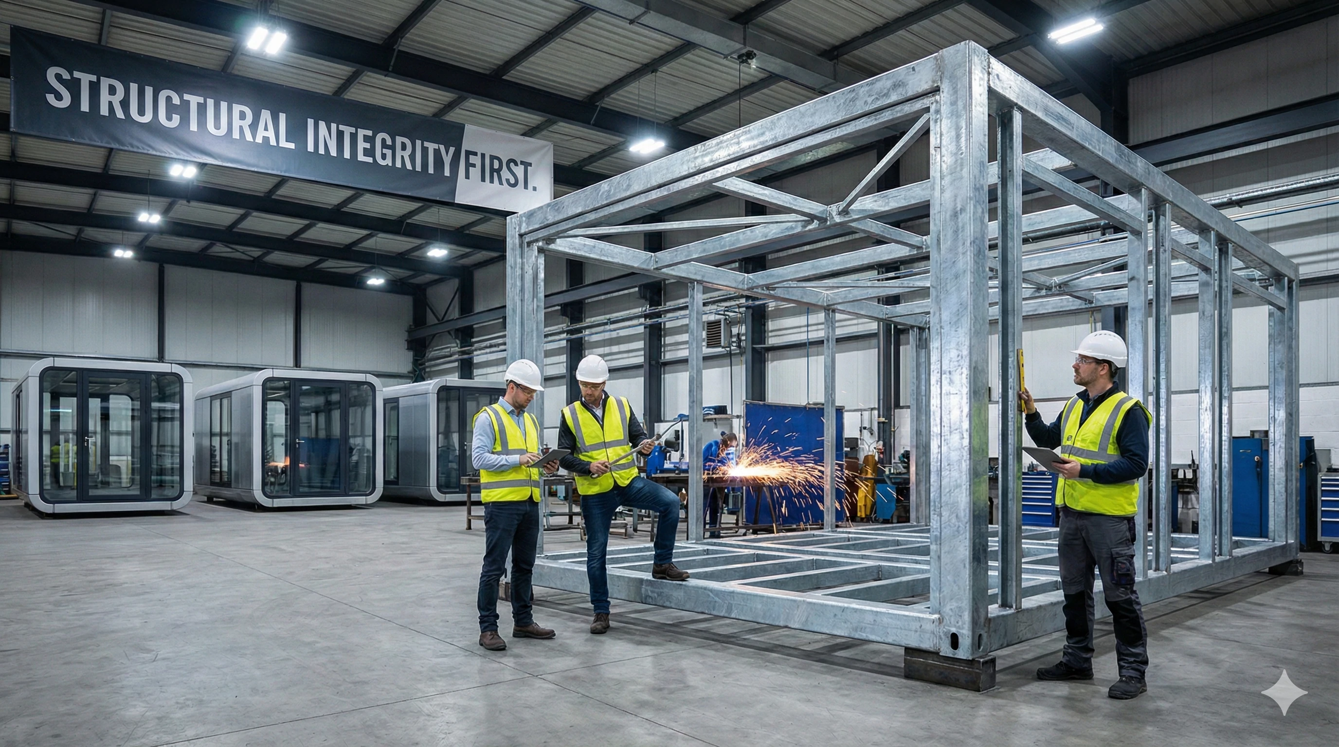 Factory team assembling durable structural metal framework for glass hardware