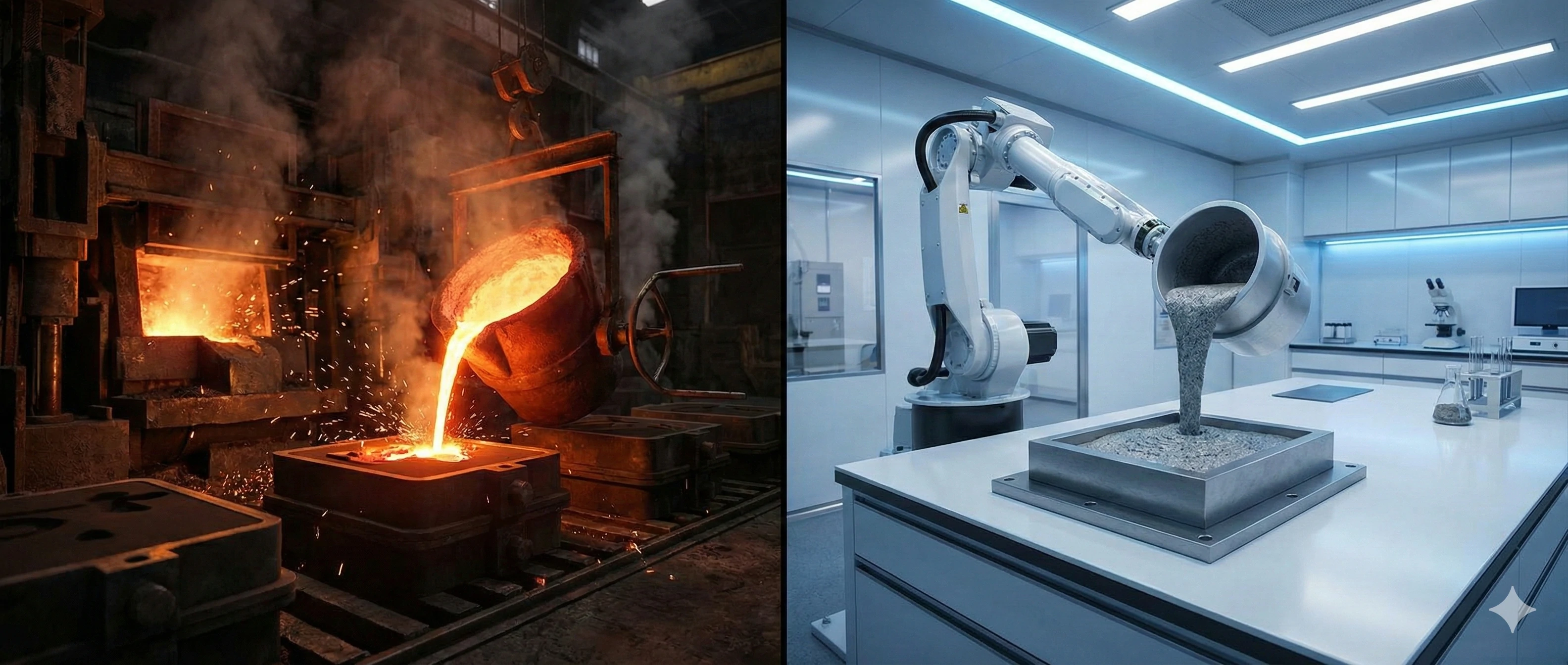 Molten metal pouring into mold for industrial casting process