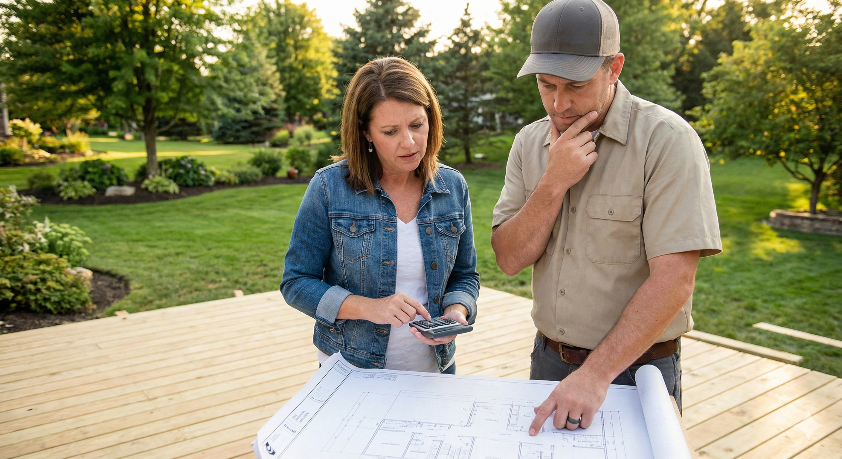 Homeowners reviewing blueprints for deck renovation and railing installation projects