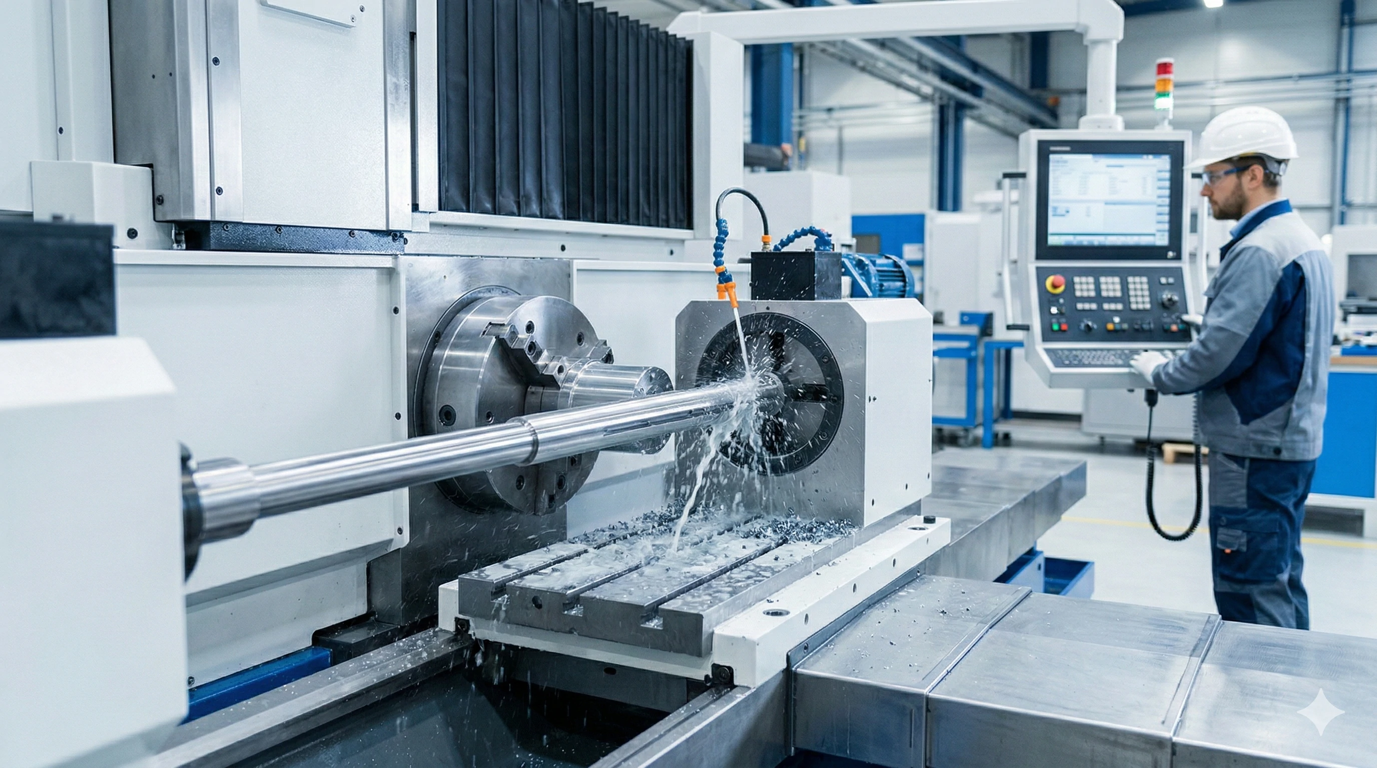 Engineer operating CNC lathe for custom glass hardware production