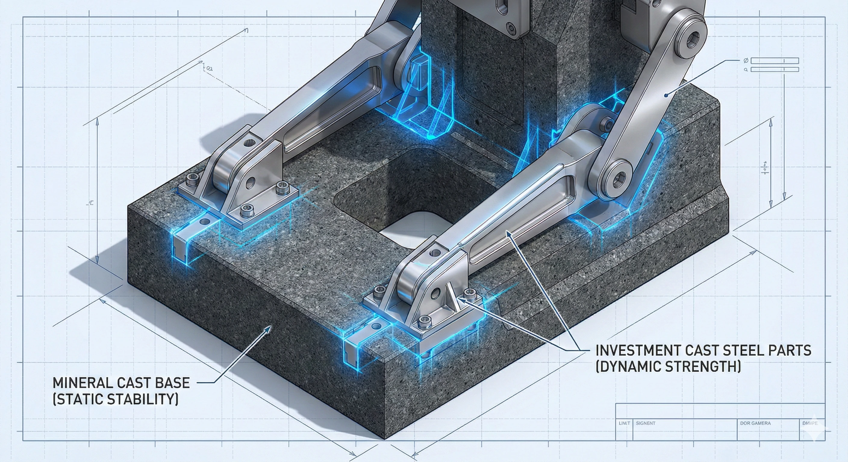 Technical diagram showing mineral cast base and investment cast steel parts