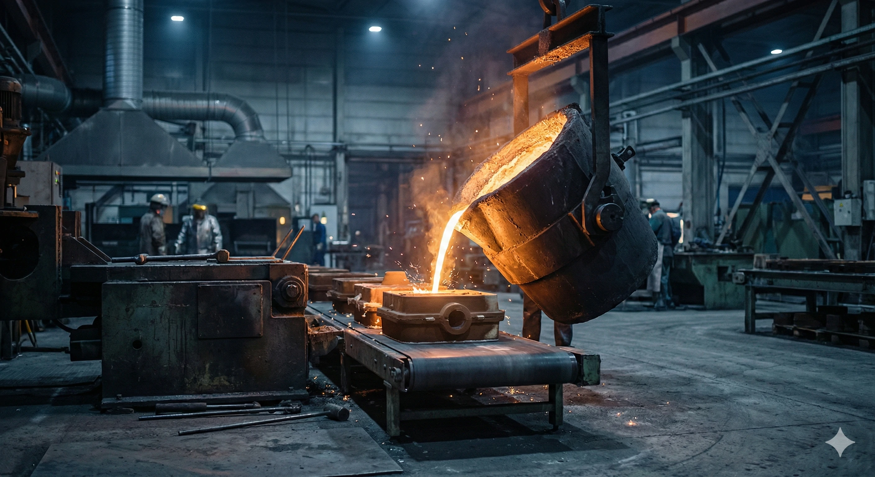Molten metal pouring into molds at glass hardware foundry