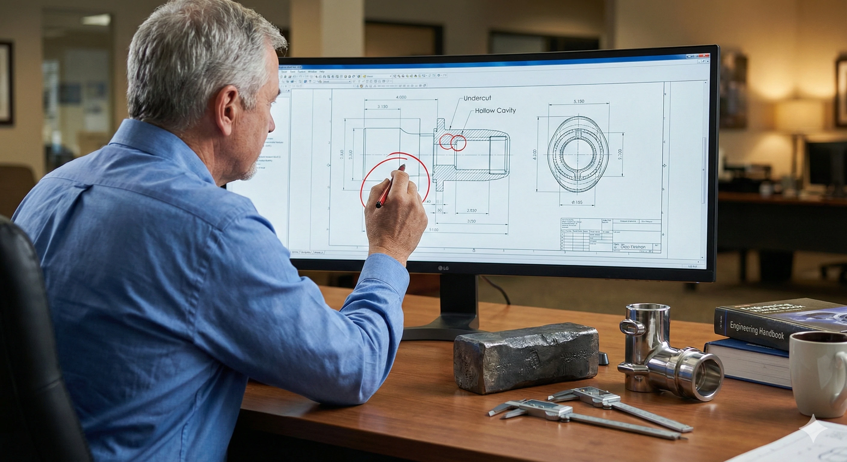Engineer identifying design undercuts that necessitate investment casting production methods