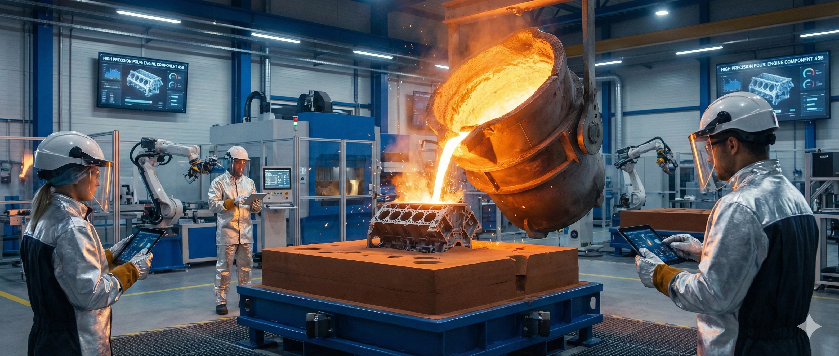 Pouring molten metal into mold in modern automated foundry