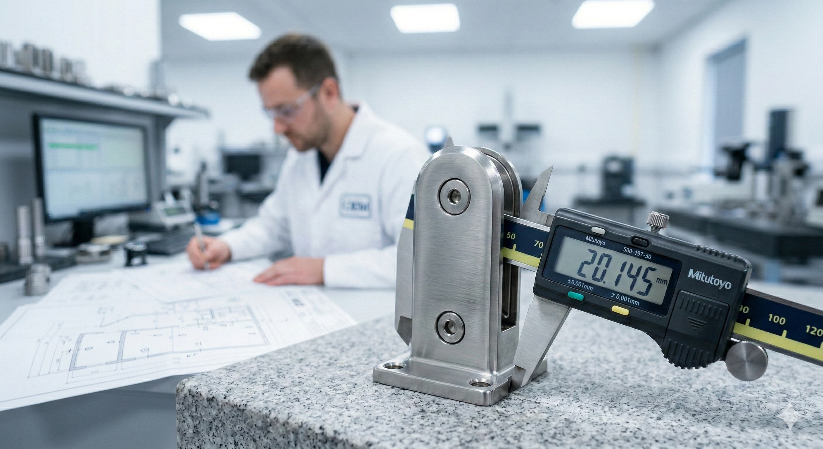 Engineer inspecting glass railing spigot with calipers for strict quality control