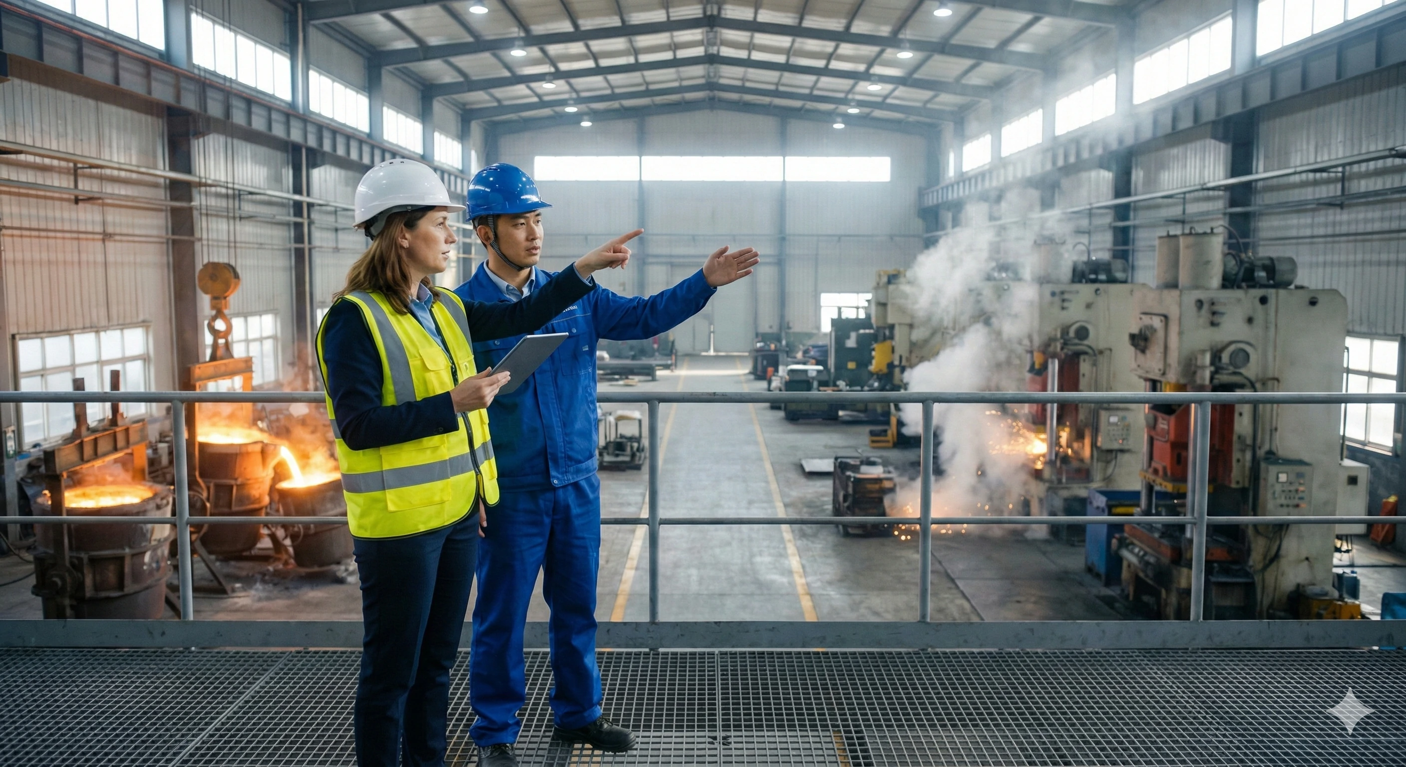 Professional engineers inspecting stainless steel hardware manufacturing factory