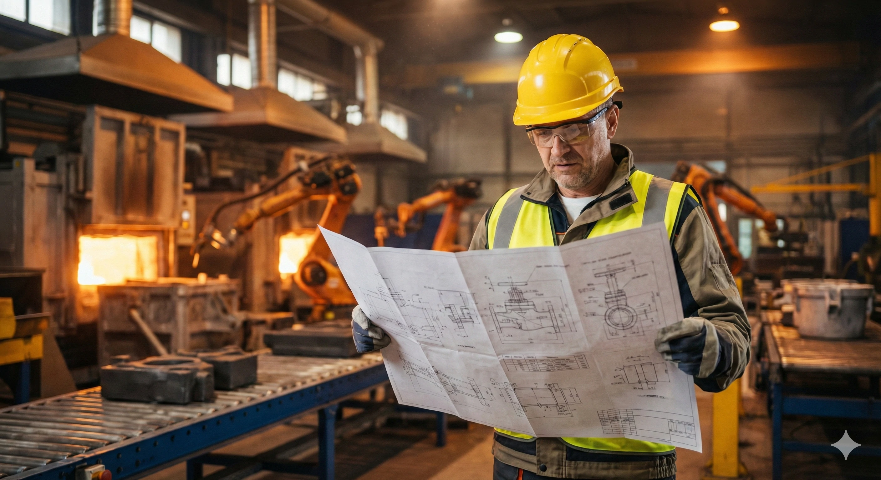 Engineer reviewing technical blueprints for industrial valve manufacturing
