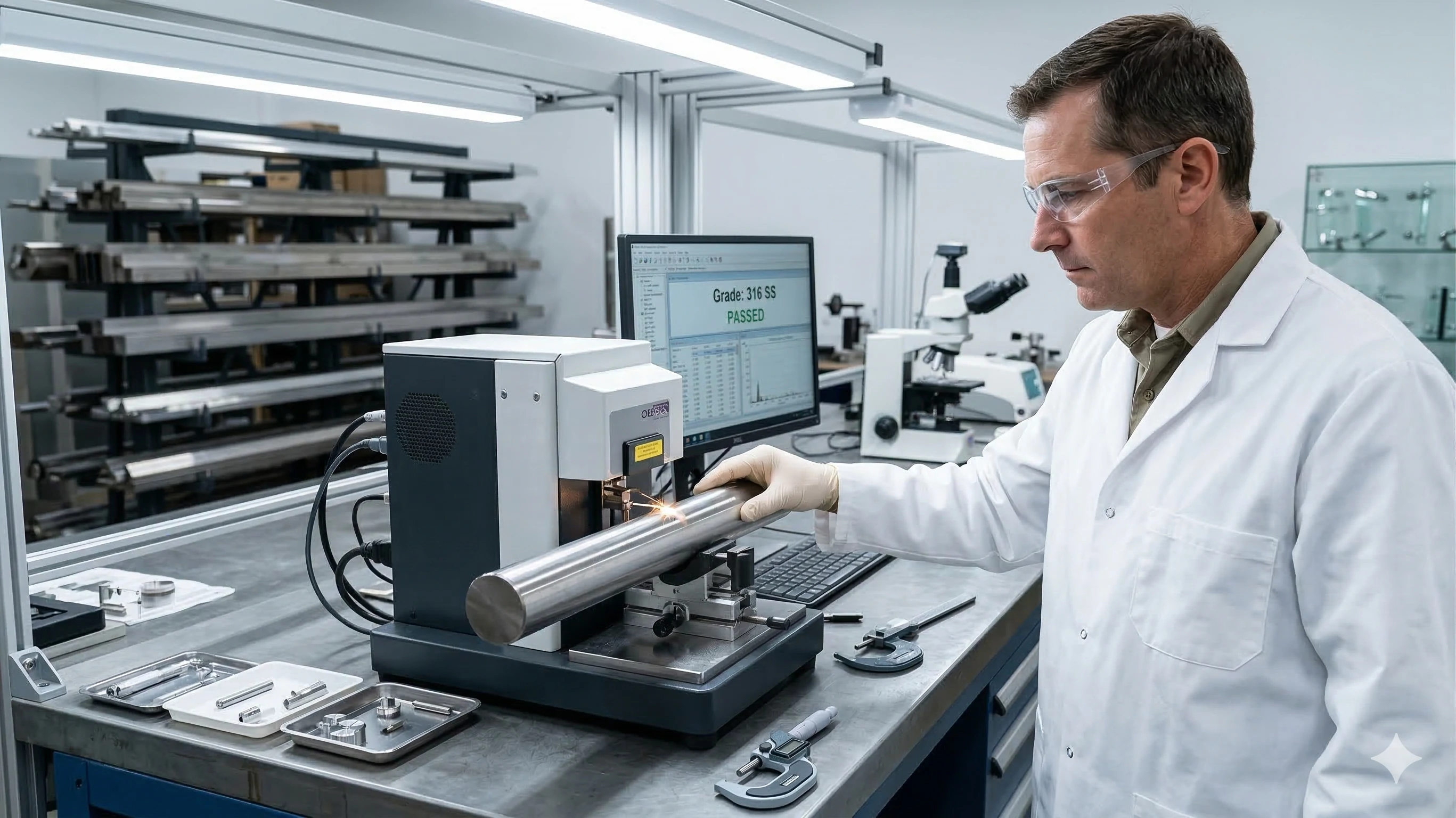 Ingénieur chargé de l'analyse spectrale de l'acier inoxydable 316 pour la fabrication de quincaillerie en verre