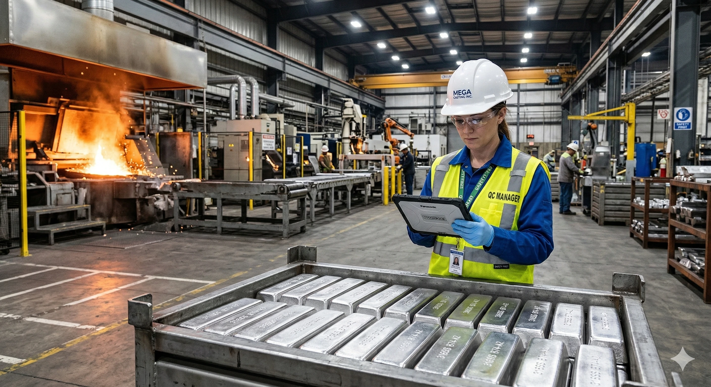 QC manager inspecting 316SS ingots for glass hardware production