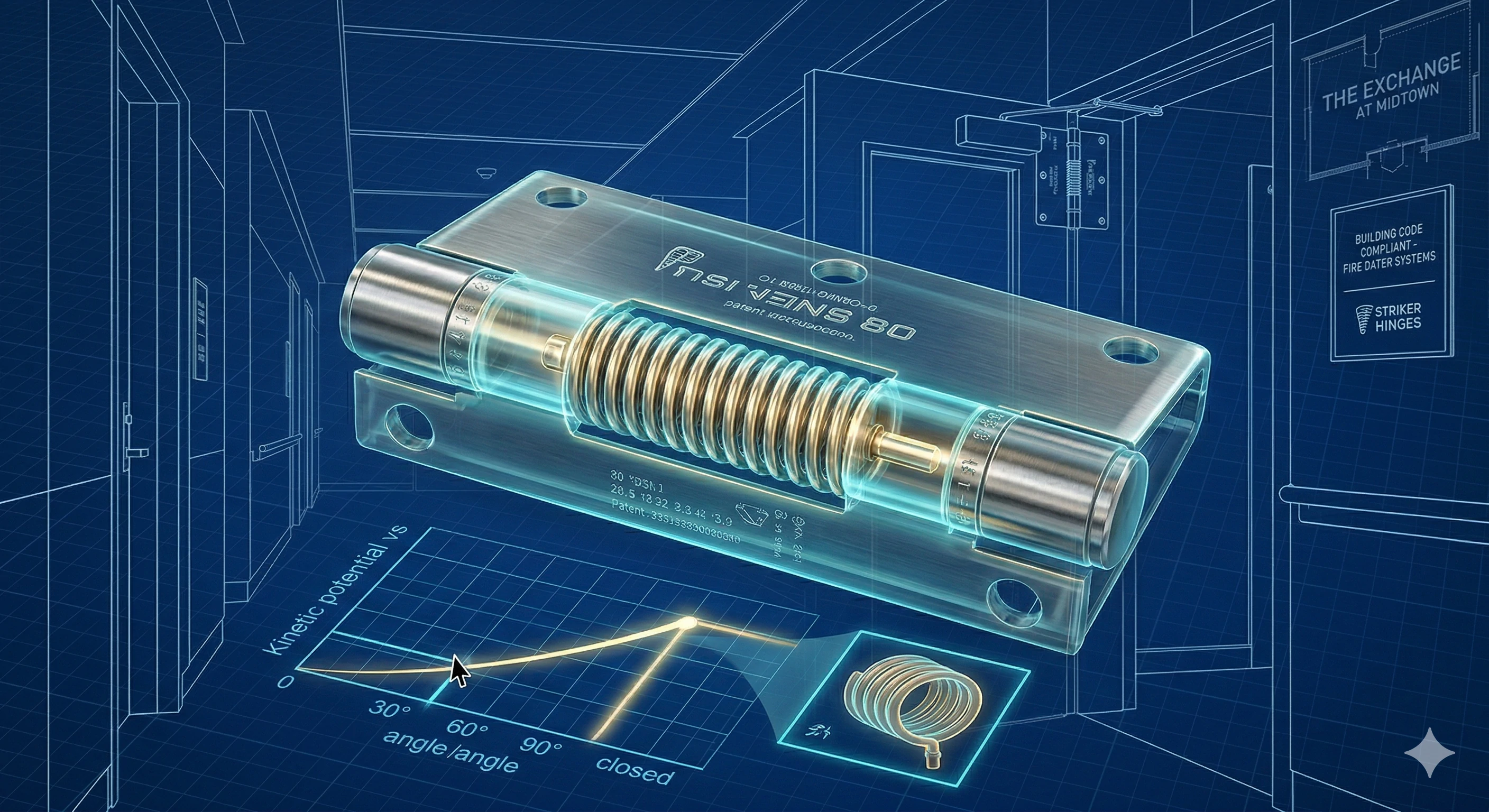 3D blueprint rendering of a spring hinge showing internal mechanisms