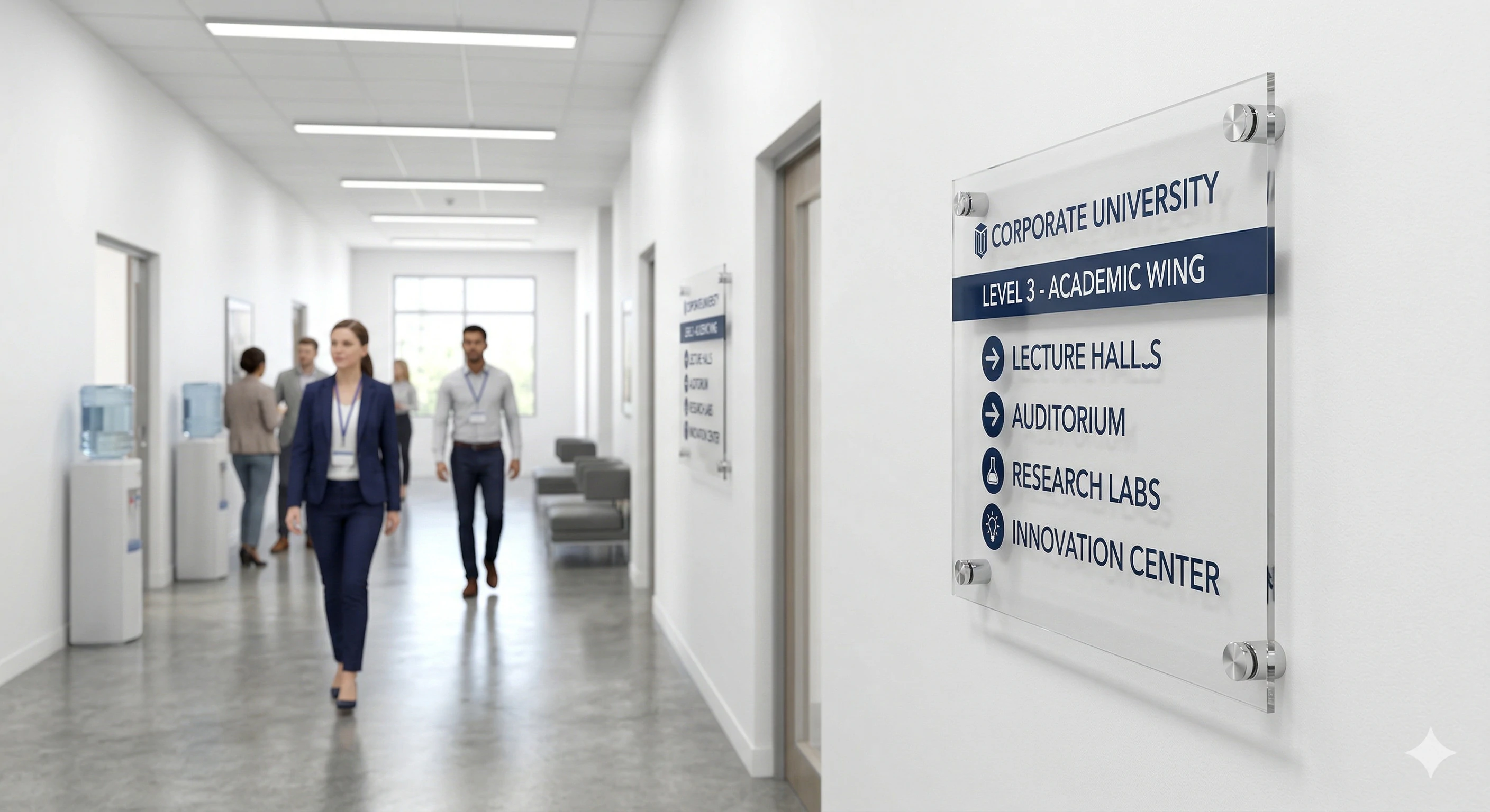 Clear acrylic directional wall sign mounted with metal standoffs in a corporate hallway.
