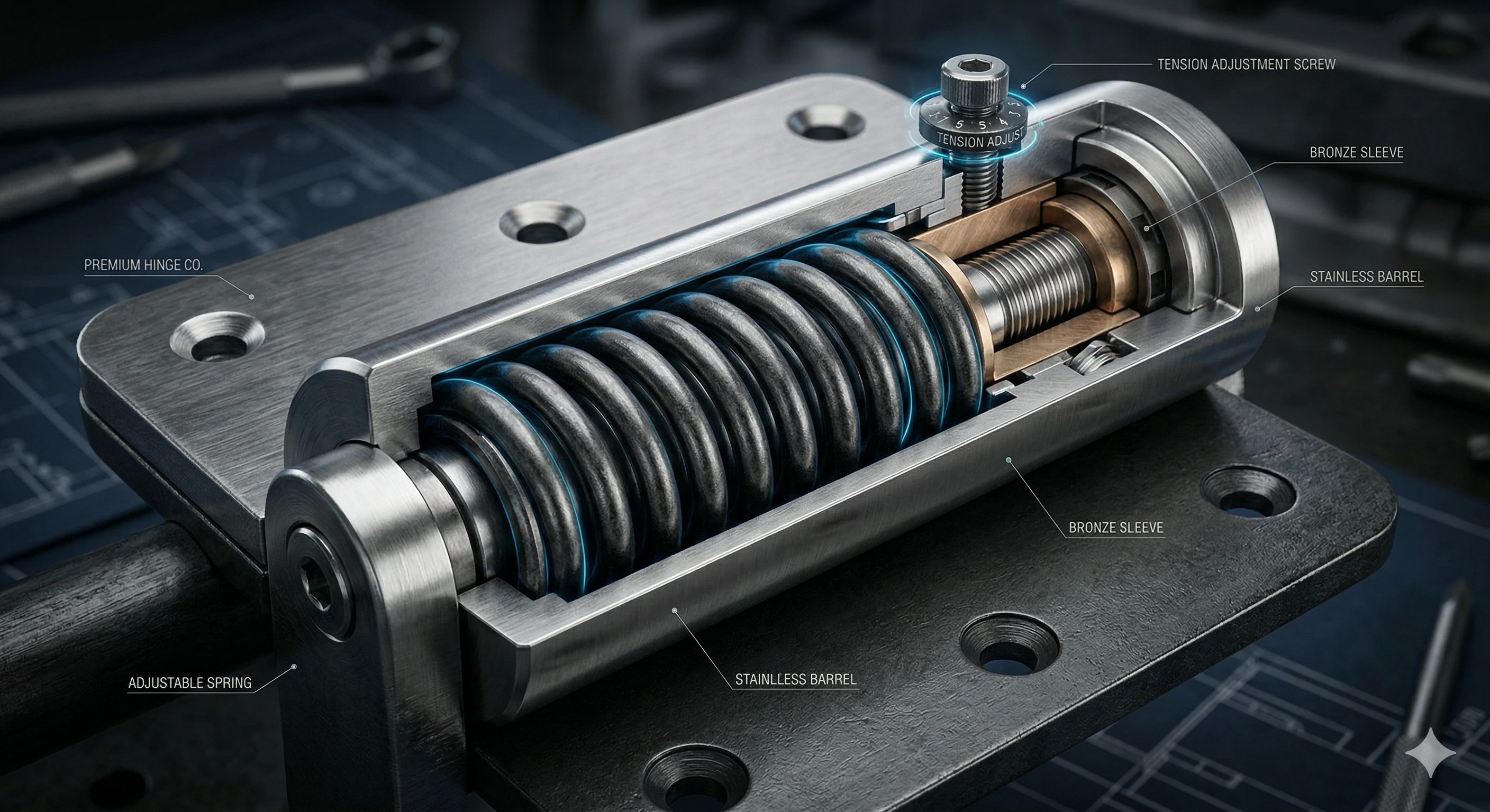 Adjustable stainless steel spring hinge internal cross section design