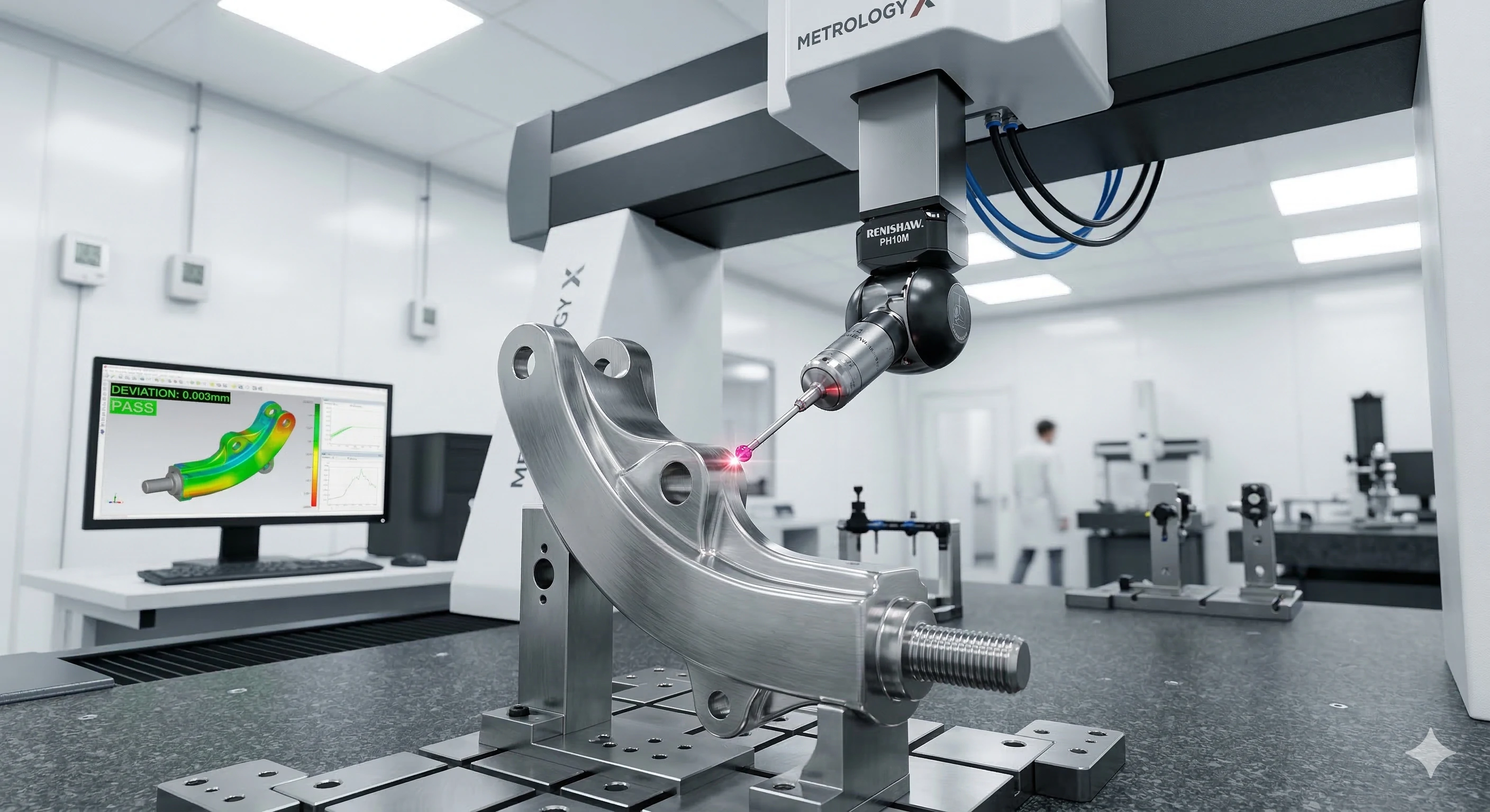 Advanced 3D coordinate measuring machine inspecting OEM glass hardware components