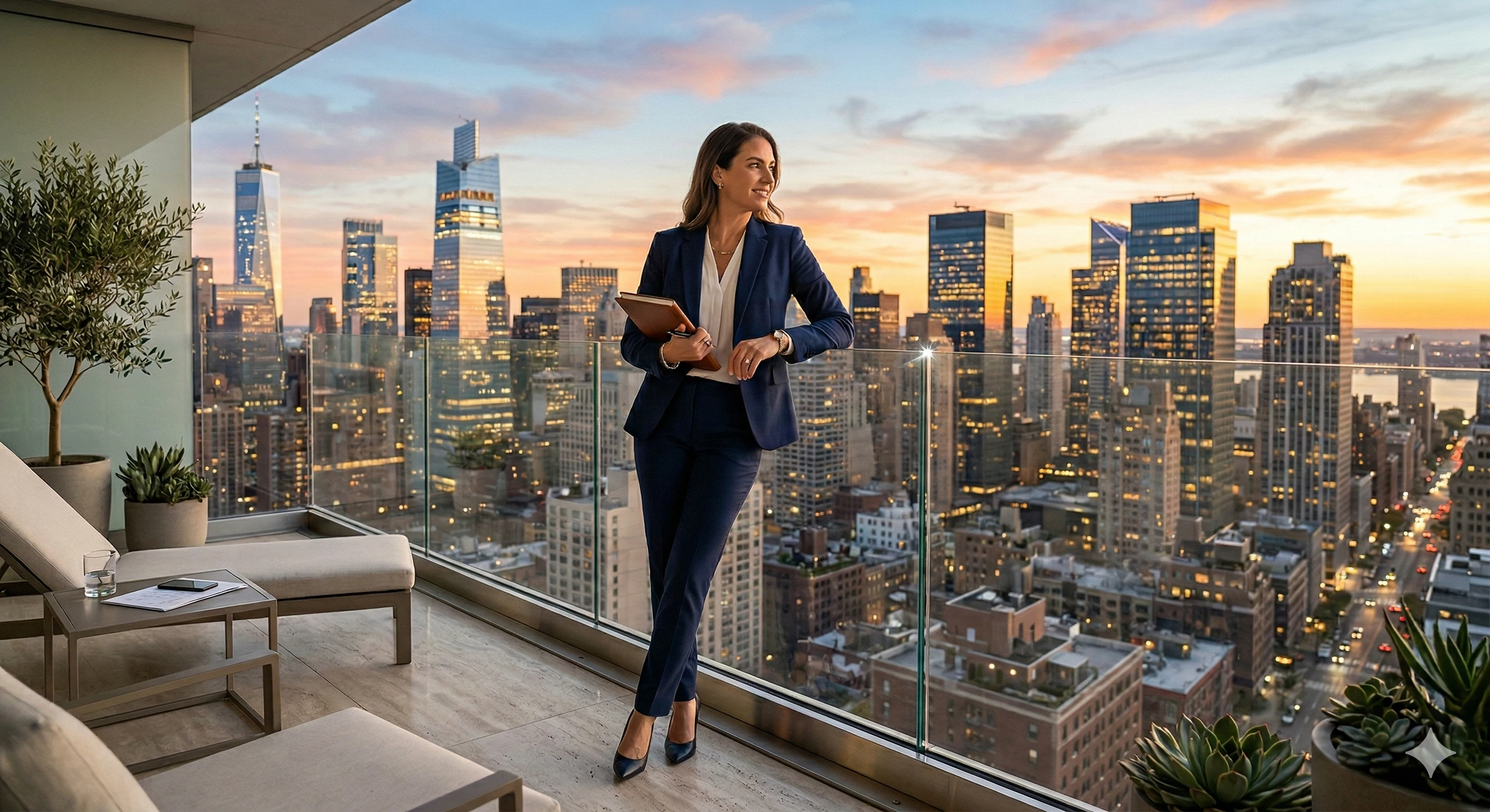 Femme professionnelle appuyée sur la balustrade en verre Aleader d'un balcon surplombant la silhouette de la ville au coucher du soleil.